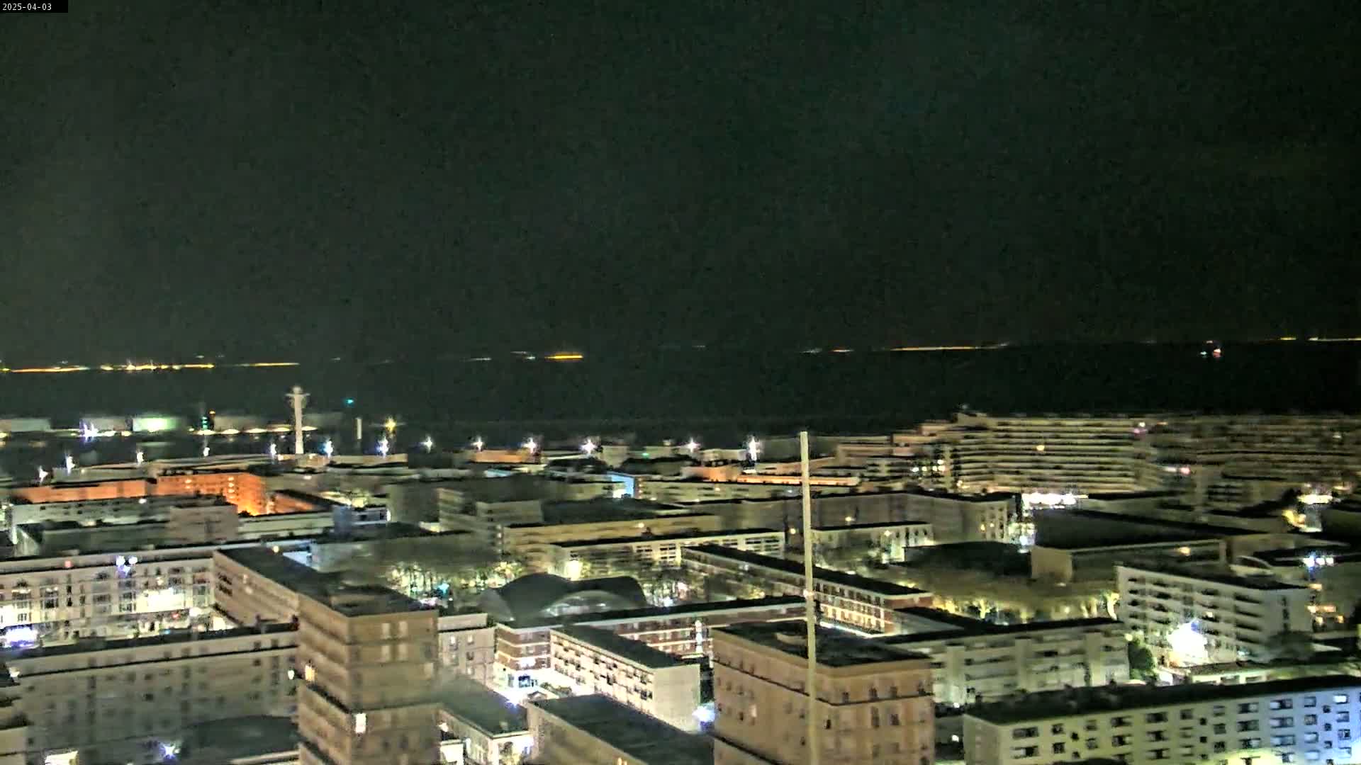 A nighttime, aerial view of a city illuminated by streetlights, overlooking a dark body of water with faint lights on the horizon under a clear, dark sky.