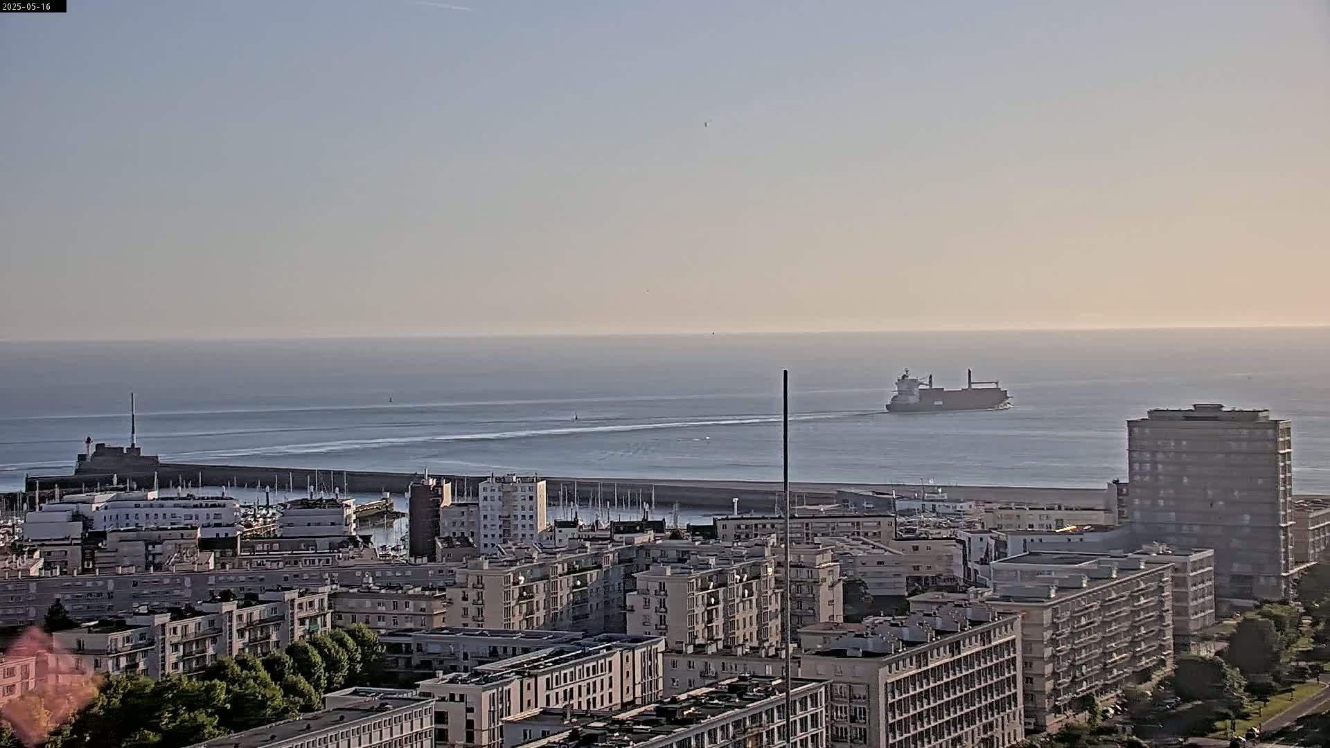 A large cargo ship is visible on a calm sea beyond a harbor filled with boats and a city of multi-story buildings.