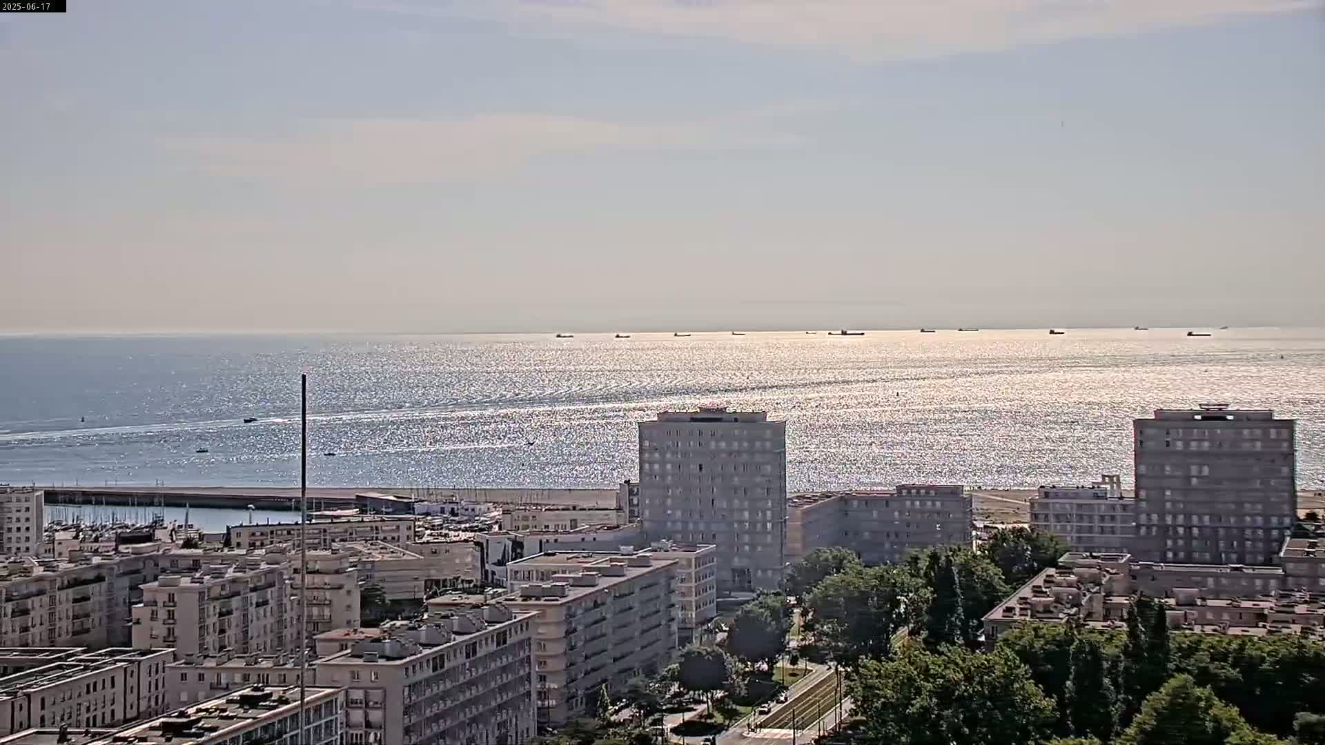 A sparkling sea reflecting sunlight stretches to the horizon, dotted with several ships, beyond a cityscape of multi-story buildings and green trees.