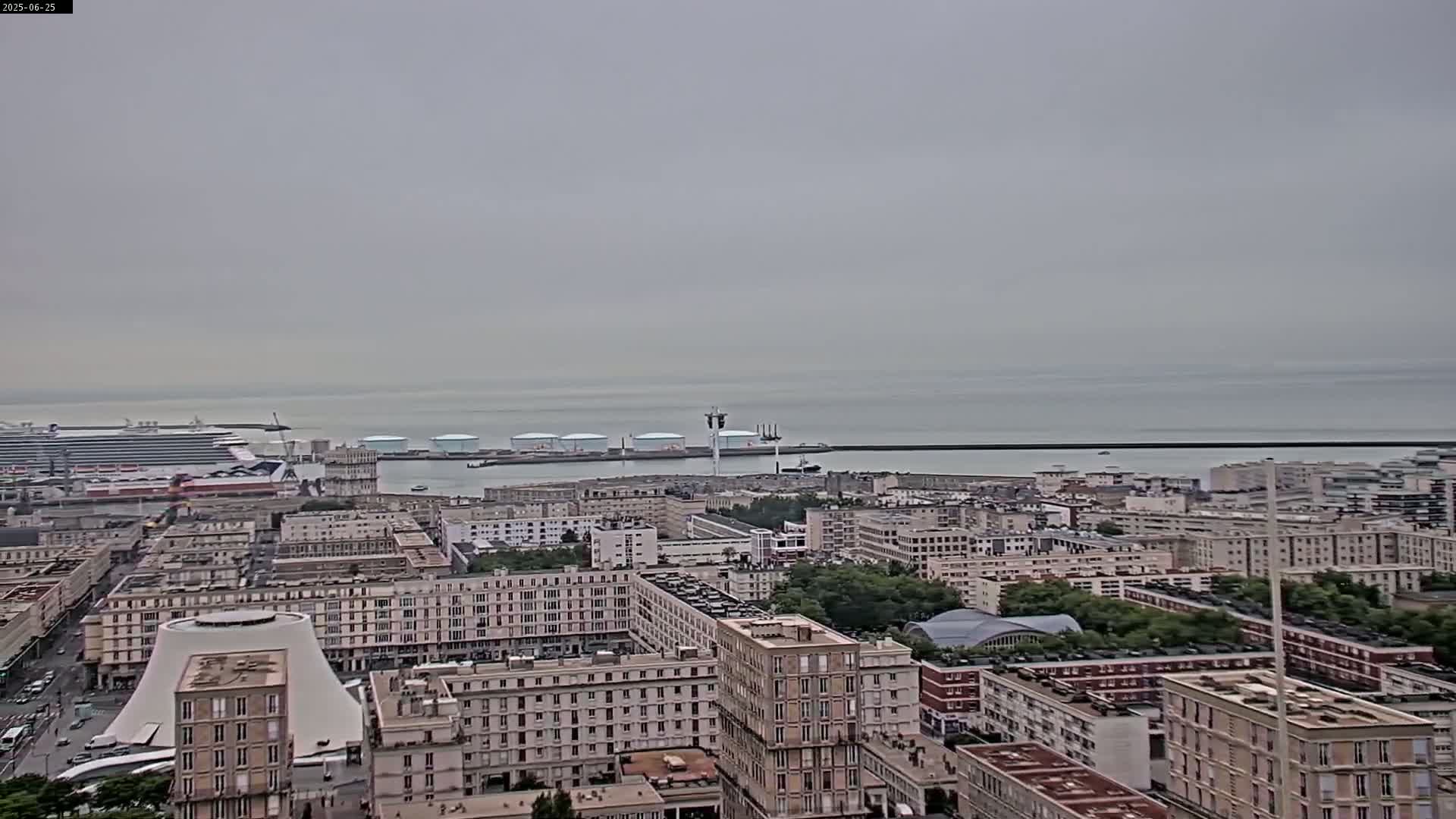 A high-angle, long shot on an overcast day shows a city with a harbor containing a large cruise ship and several oil tanks, all situated next to a calm body of water.