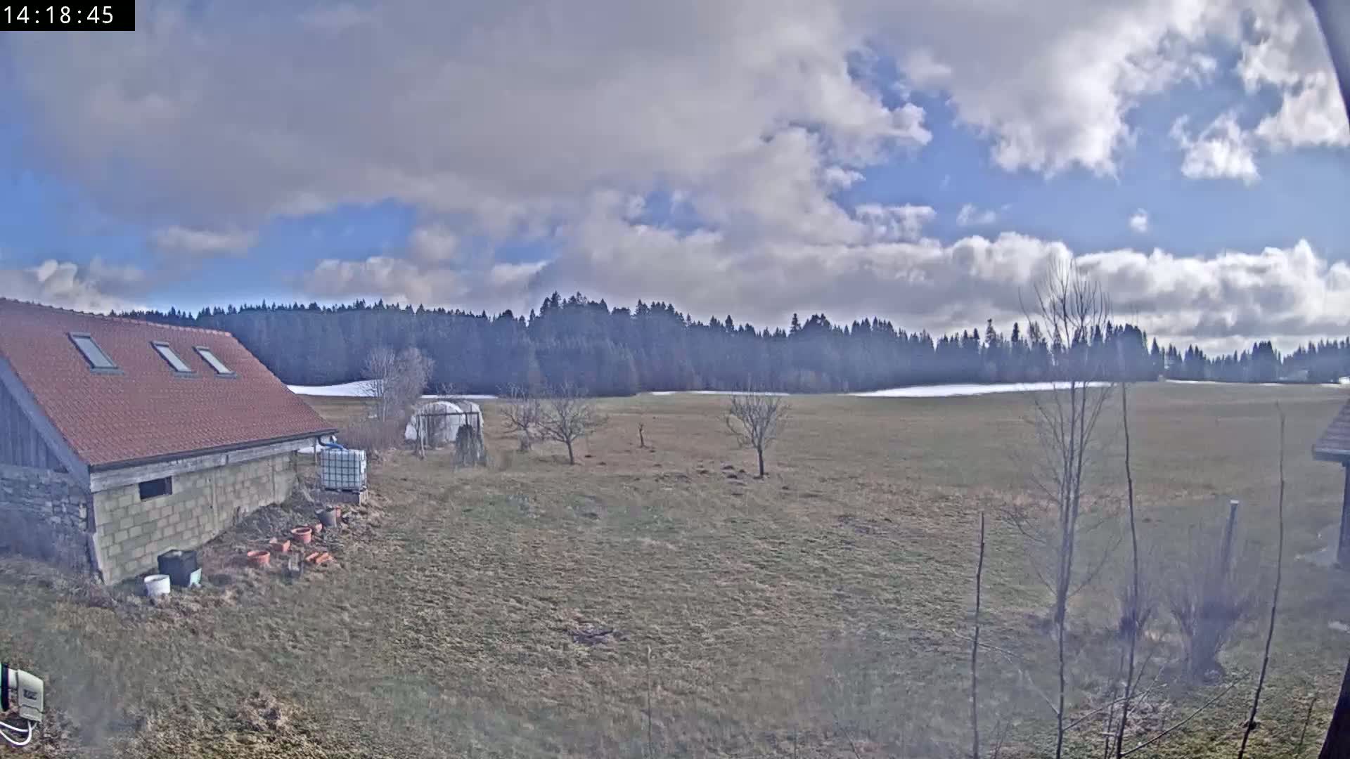 A partly cloudy day reveals a brown field with a few bare trees and a red-roofed building near a dark forest.