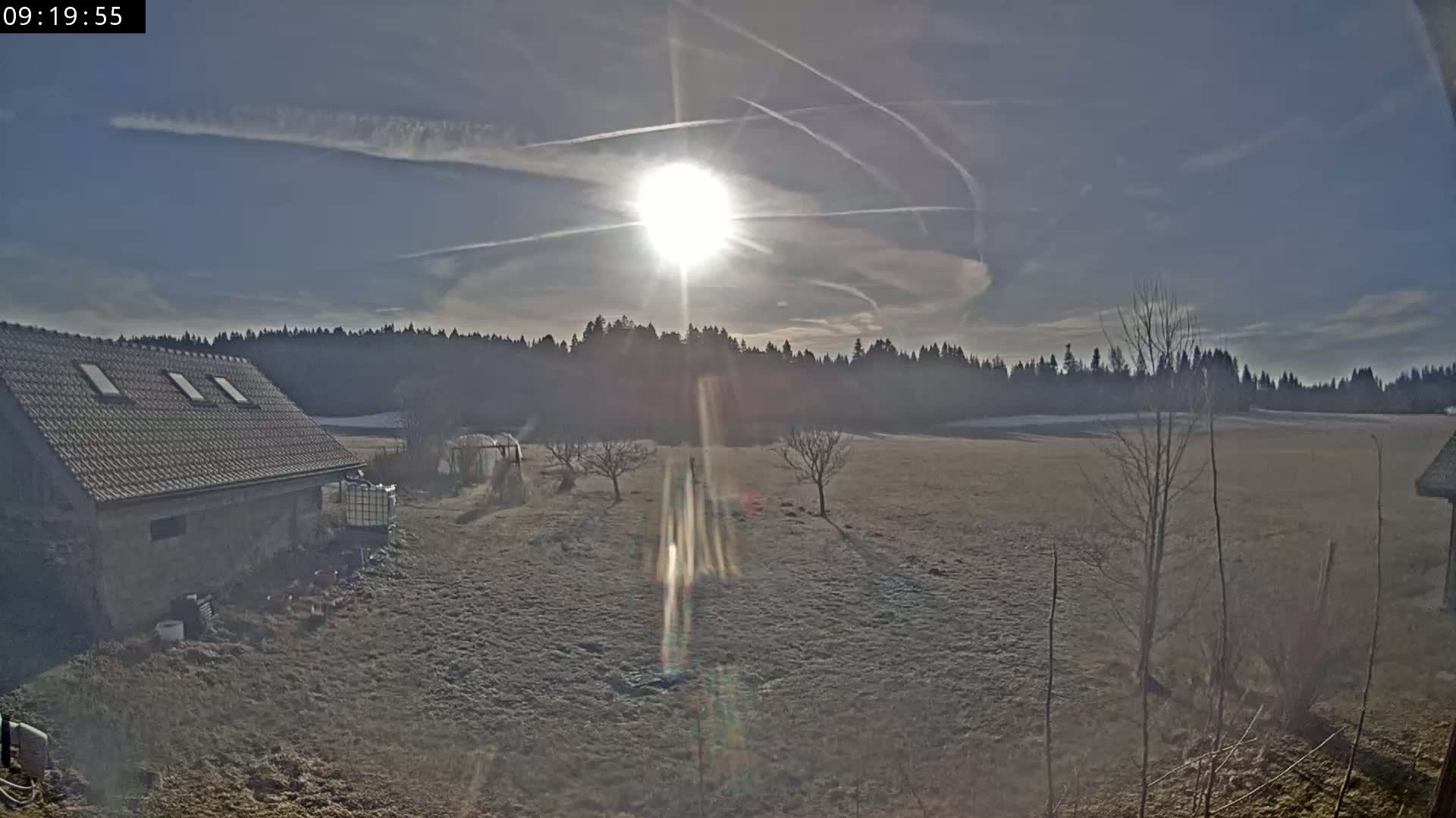 A bright sun shines over a frost-covered field, with a building and trees in the foreground and a line of dark trees in the background under a mostly clear sky with contrails.