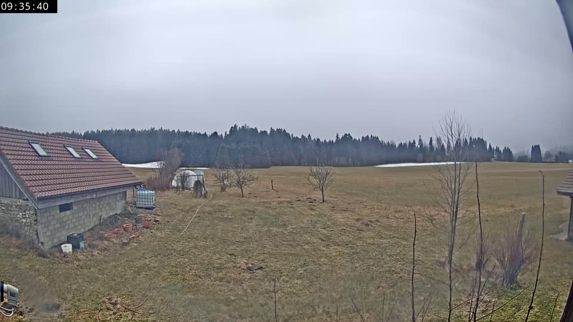 A brown-roofed building sits beside a large, mostly brown field bordered by a dark forest under a cloudy sky.