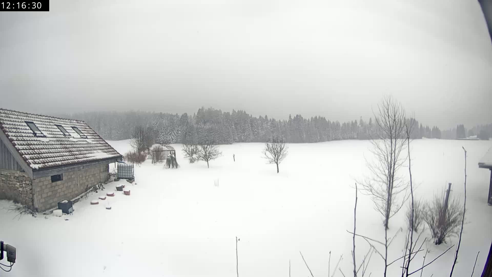 A snow-covered field stretches out before a stone building with a snow-covered roof, with a line of snow-covered trees in the background under an overcast sky.