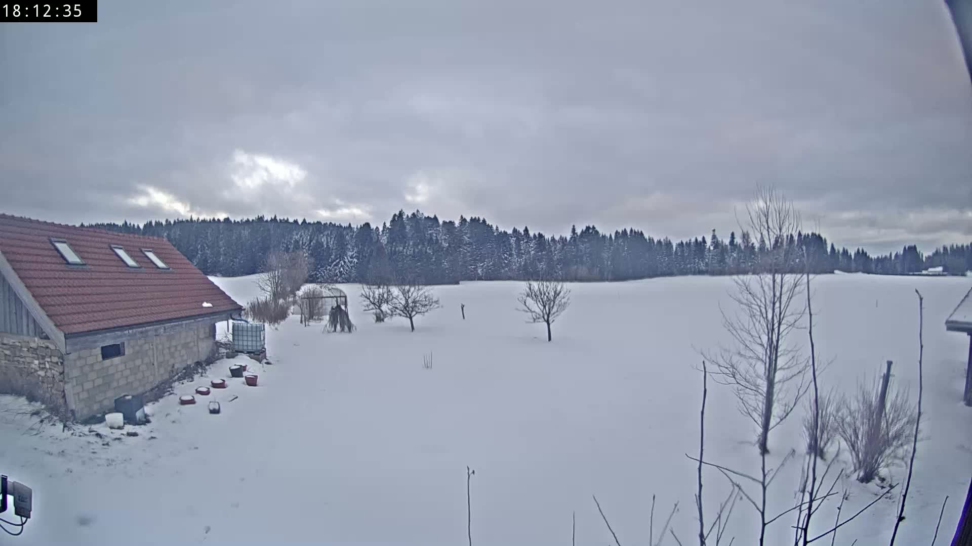 A snow-covered field with a few bare trees and a small building with a red roof is visible under an overcast sky.