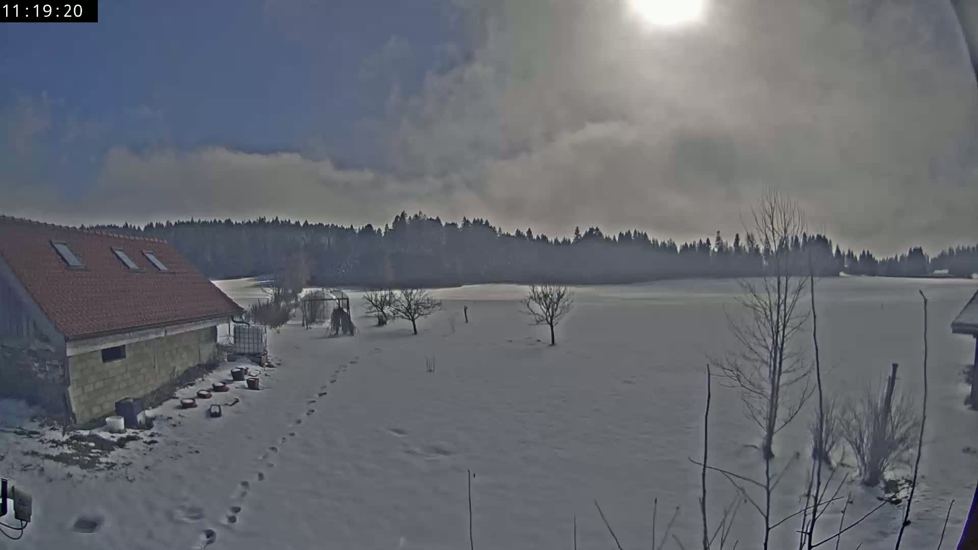 A snow-covered field with a few bare trees and a building is visible under a partly cloudy sky with the sun shining.