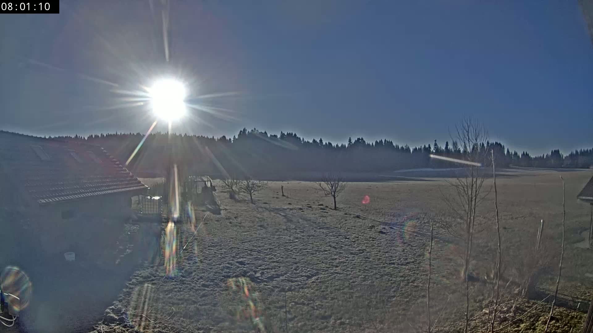 A bright sun shines over a frost-covered field, with a dark-roofed building and a line of trees in the background on a clear day.