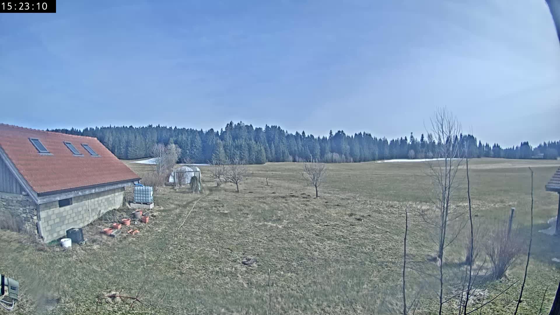 A brown-roofed building sits beside a large, mostly bare field, bordered by a dark forest under a clear blue sky.