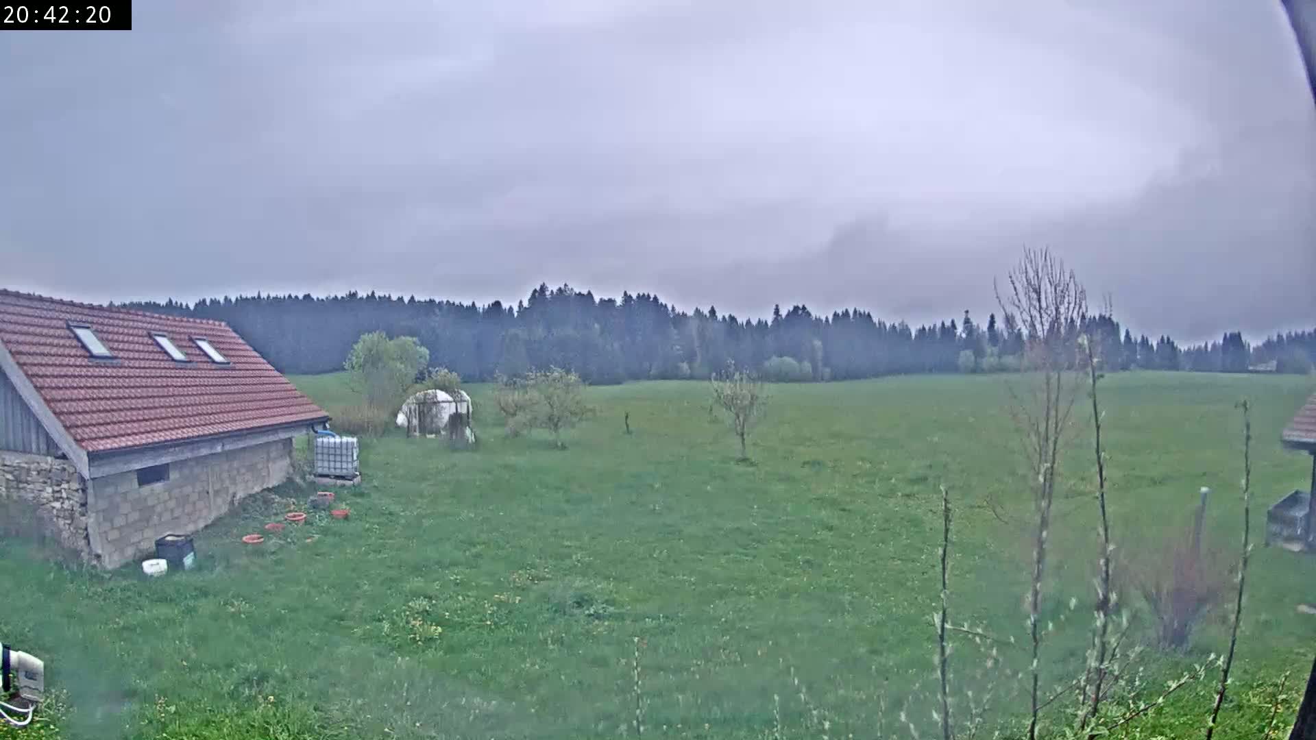 A red-roofed stone building sits in a grassy field next to a dark forest under an overcast sky.