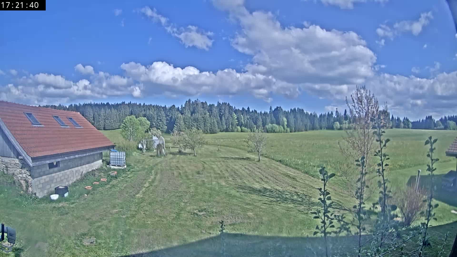A partly cloudy day reveals a red-roofed building and a grassy yard sloping down to a field bordered by a dark forest.