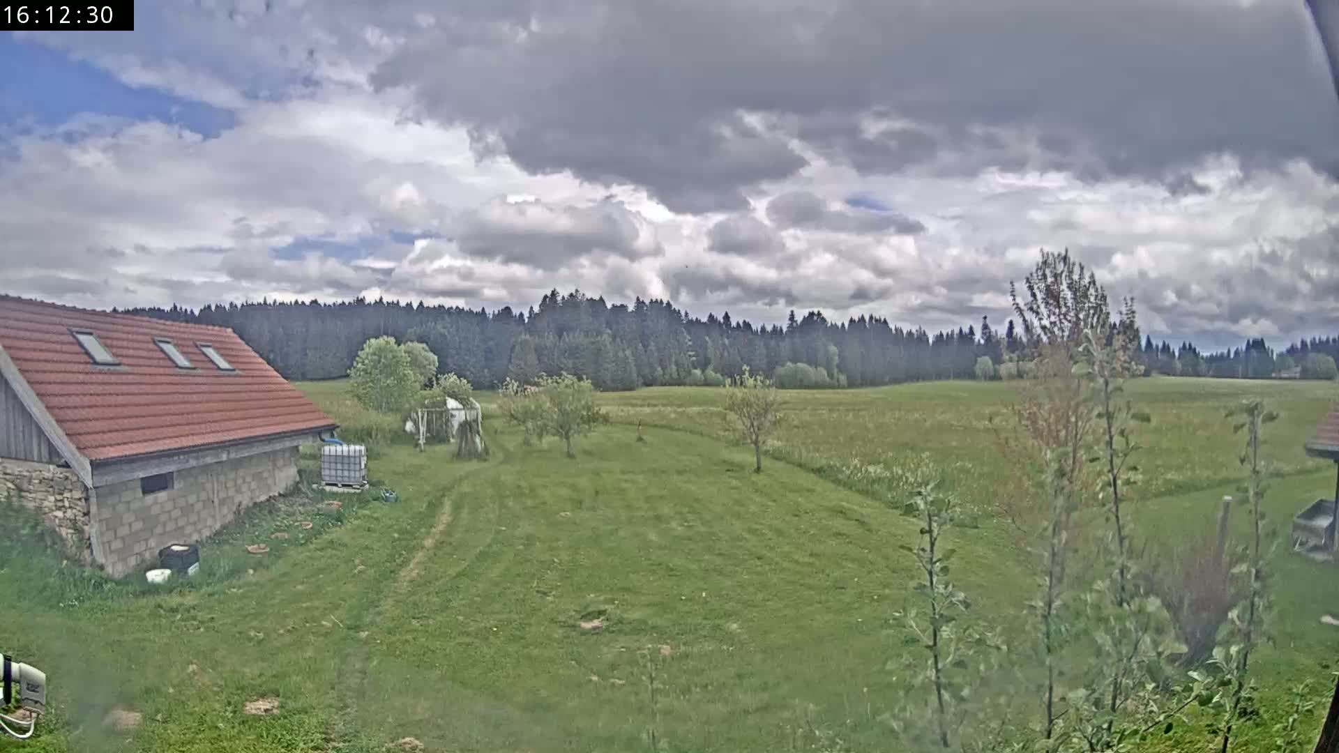 A red-roofed outbuilding sits on a grassy yard overlooking a field and a forest under a partly cloudy sky.