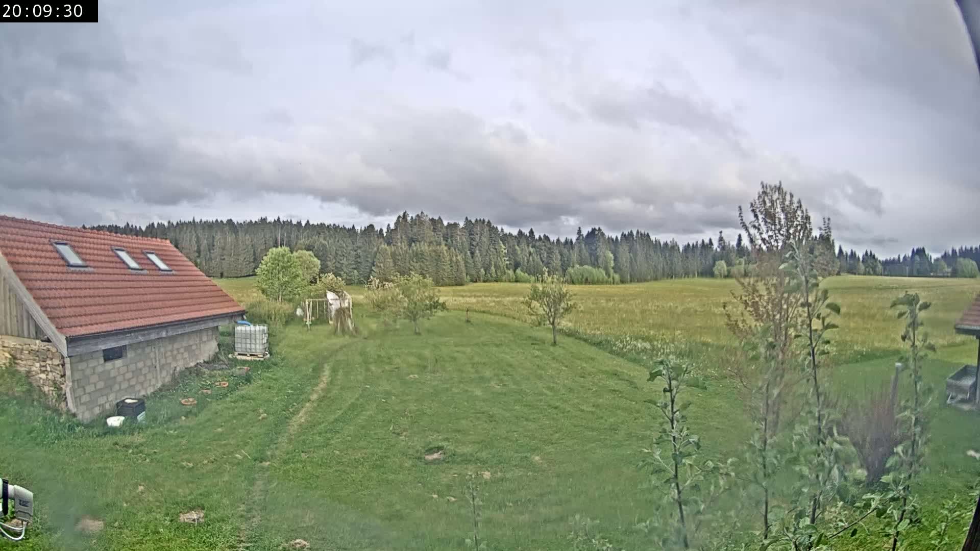 A red-roofed building sits on a grassy yard, overlooking a field and a forest under a cloudy sky.