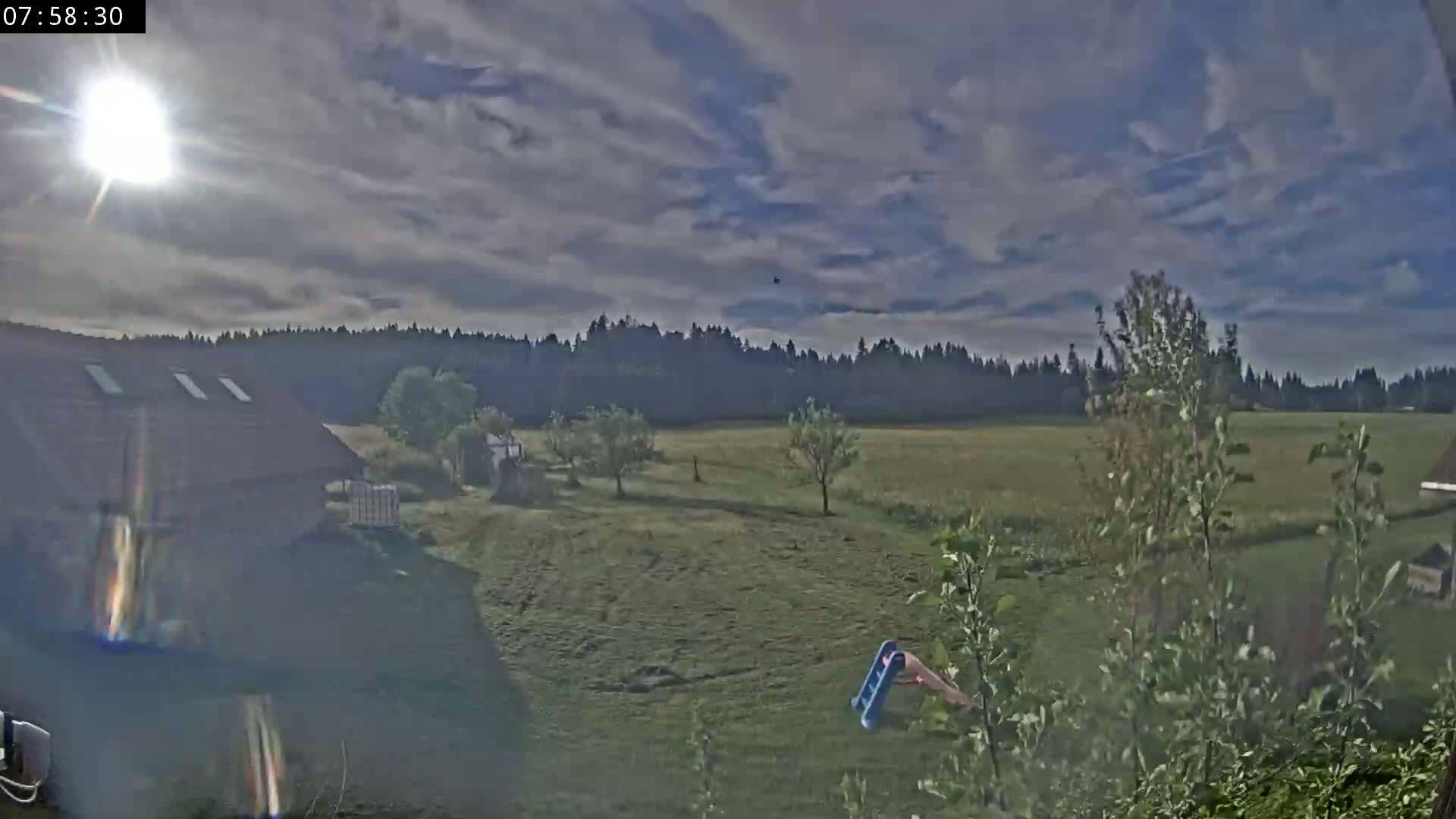 A partly cloudy day reveals a grassy field with a few trees and a small building, bordered by a line of dark forest.