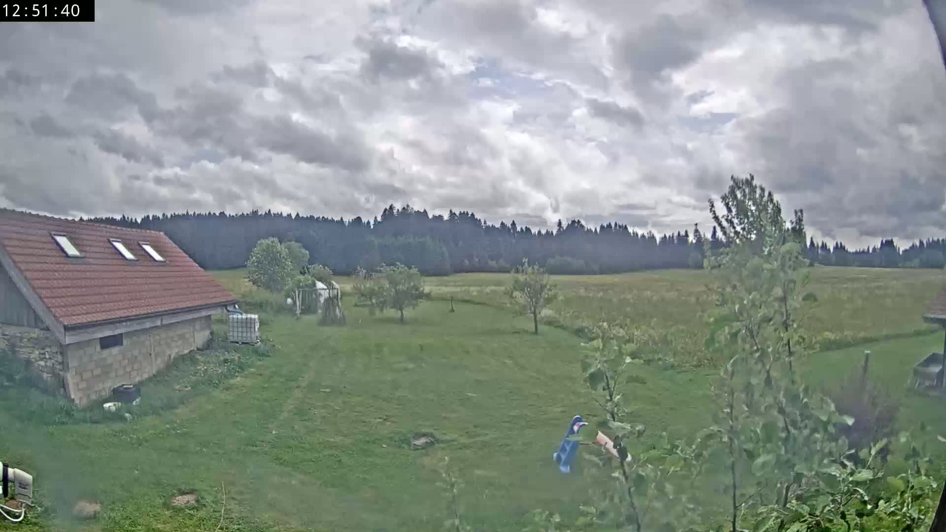 A grey, cloudy day reveals a rural scene with a small stone building, a grassy yard, and a line of trees in the distance.