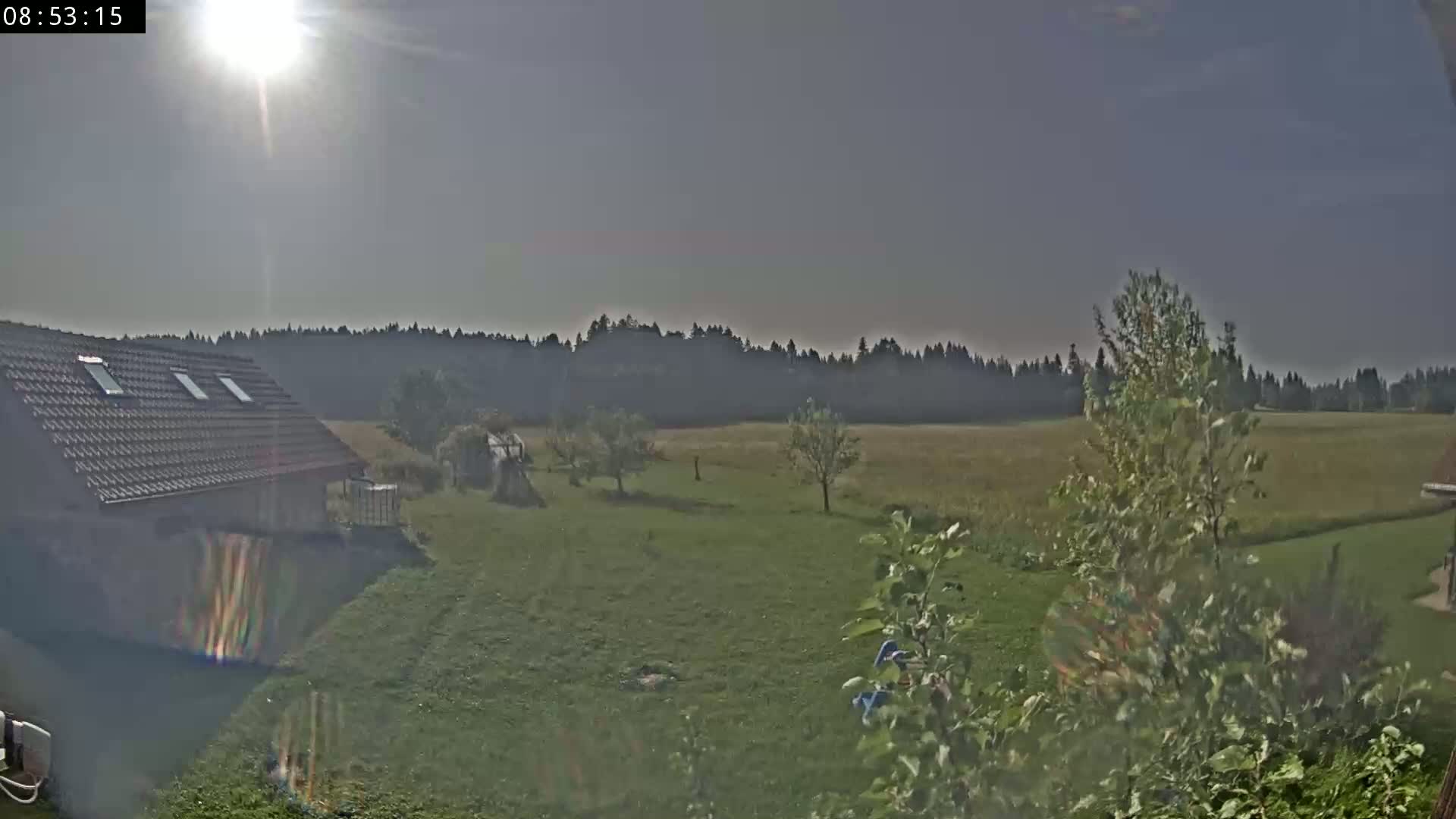 A house with a gray roof sits on a grassy yard overlooking a field and a line of trees under a bright, mostly sunny sky.