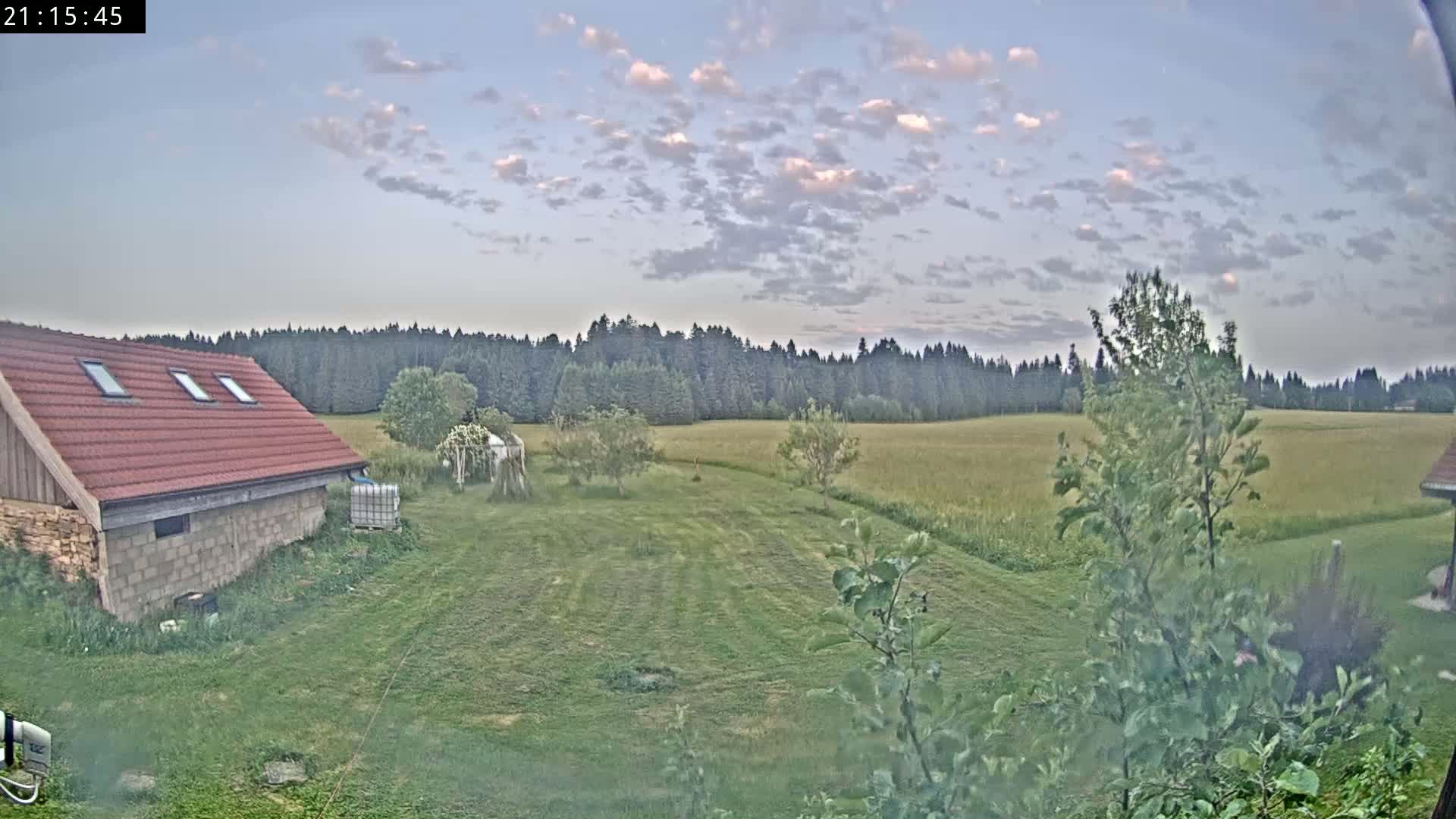 A red-roofed building sits on a grassy yard, overlooking a golden field and a dark green forest under a partly cloudy sky.
