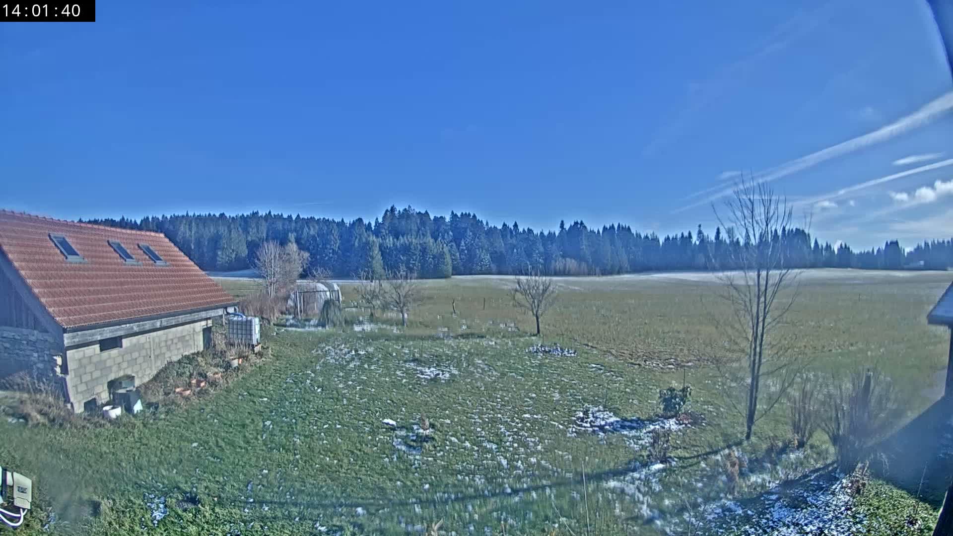 A partly sunny day reveals a house with a tiled roof, a grassy field with a few trees, and a forest in the background.