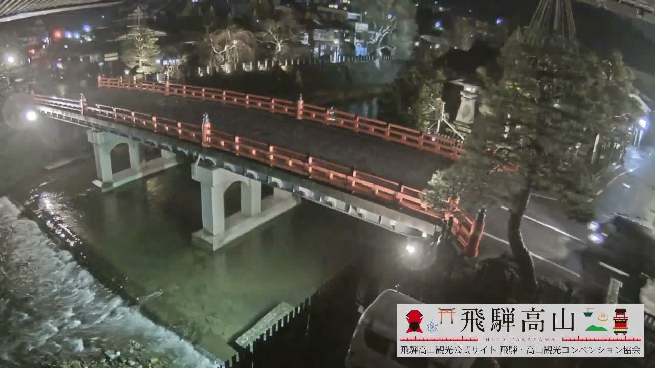 People walk and cycle across a prominent red bridge spanning a river with a small weir, in a town setting featuring traditional buildings and a large, rope-supported tree, all viewed under an overcast sky.