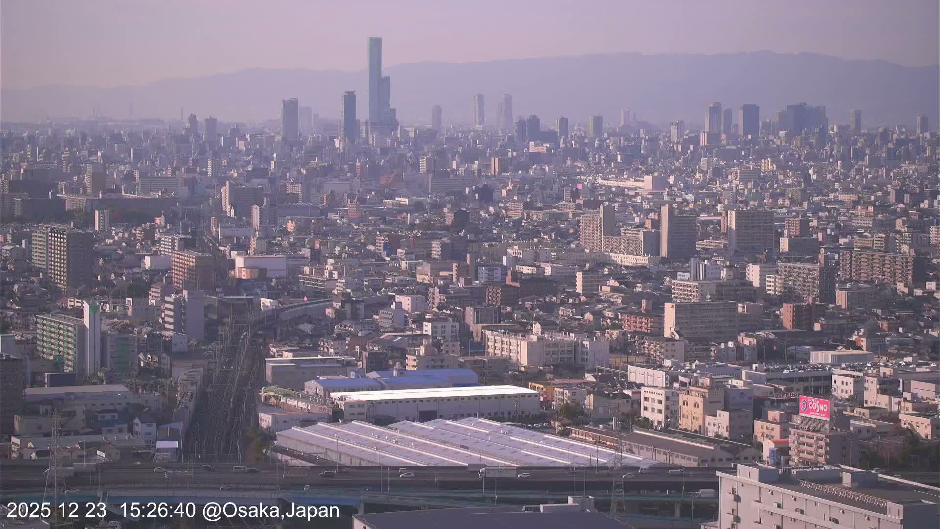 A sprawling city with numerous buildings and distant skyscrapers is visible under a hazy, light purple sky with mountains faintly outlined on the horizon.