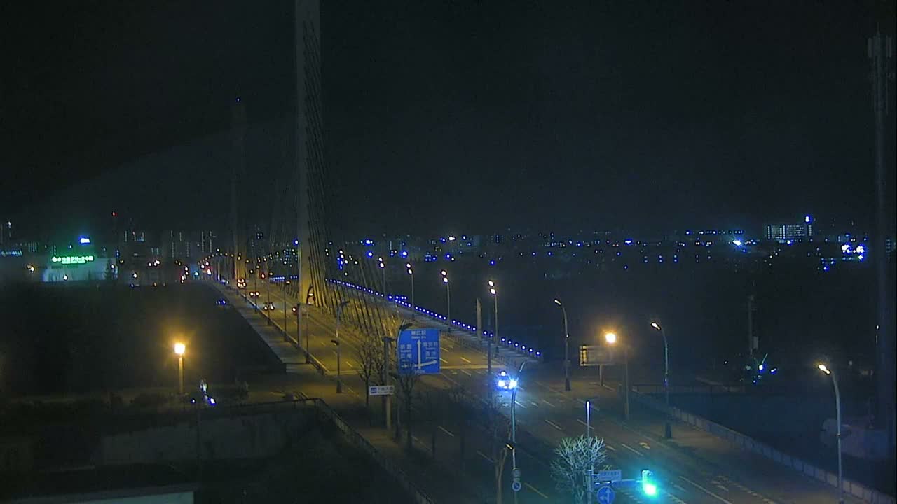 A prominent cable-stayed bridge spans a snow-covered river valley dotted with bare trees and leading to a distant cityscape, under a clear to partly cloudy winter sky.