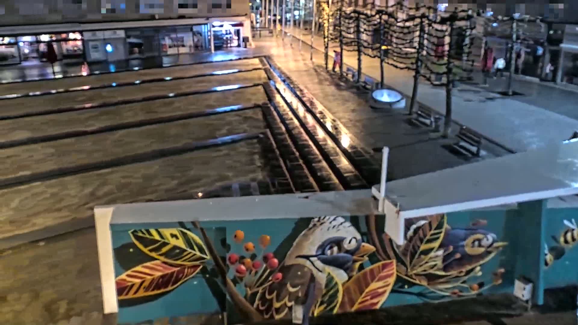 A nighttime view of a city square with a water feature and a mural depicting birds and leaves on a wall.