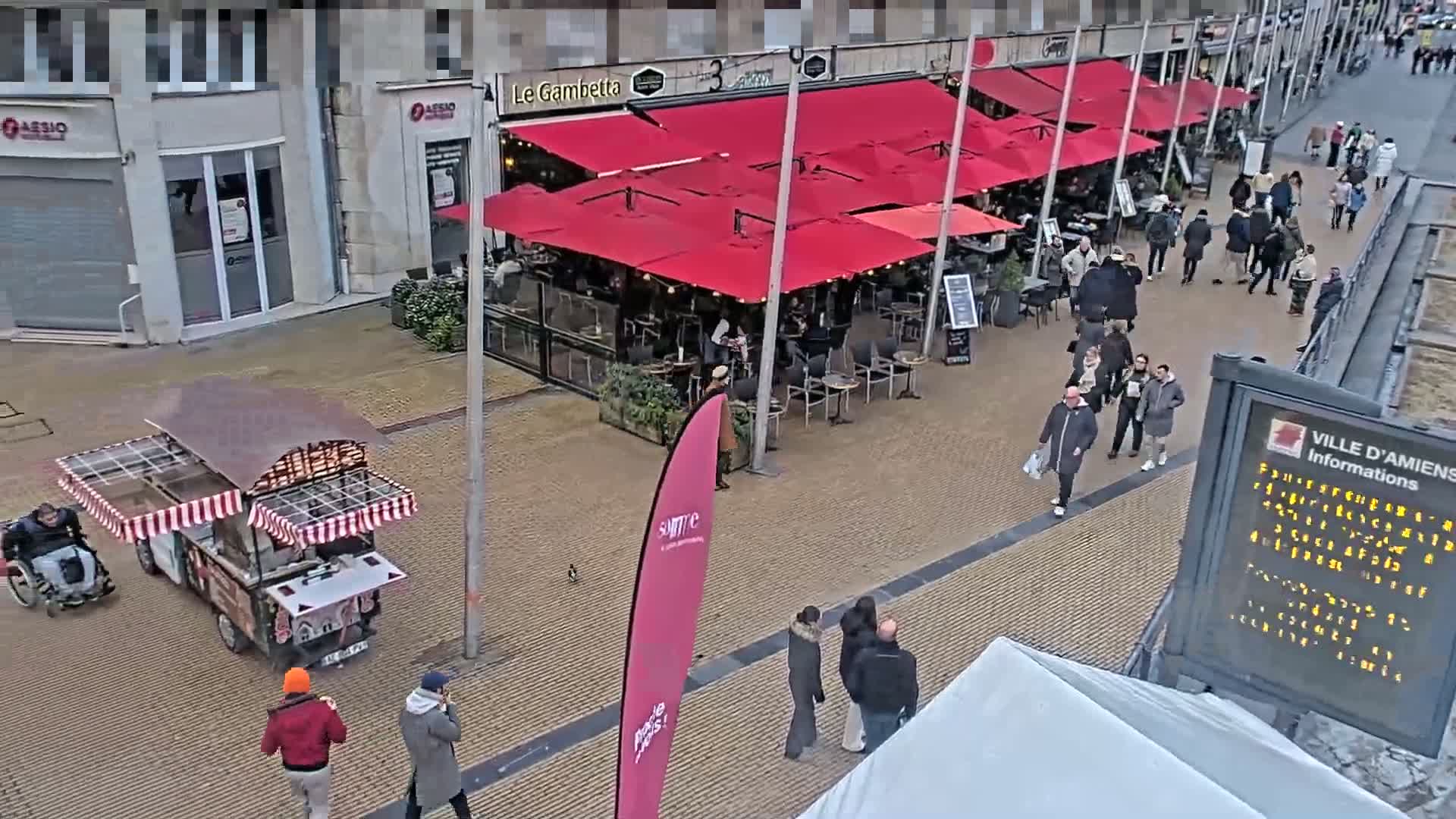 A high-angle view shows a city street scene with people walking past an outdoor cafe with red umbrellas on a partly cloudy day.