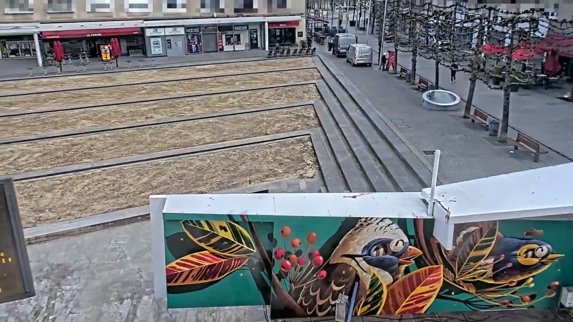 A view of a city square under a cloudy sky, showing bare trees, a partially constructed area with tiered planting beds, and a mural of birds and leaves on a wall.