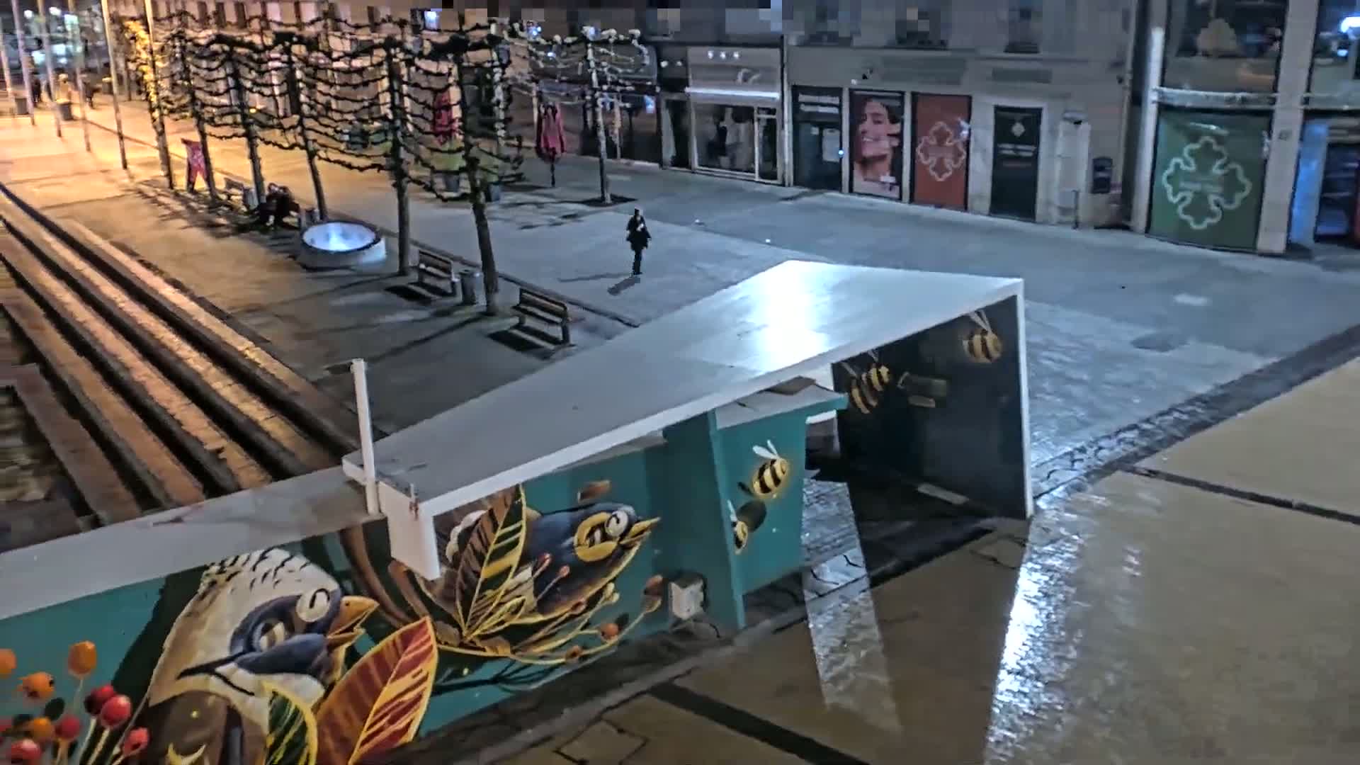 A nighttime view of a city plaza features a mural depicting birds and bees on a structure, a person walking in the distance, and bare trees lining a paved area.
