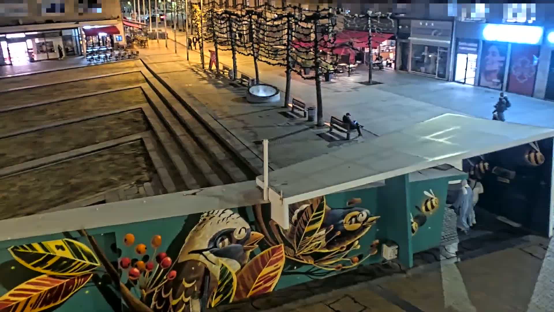 A nighttime view of a city square with a mural of birds and bees on a wall, under the cover of a canopy-like structure;  a person sits on a bench in the background.