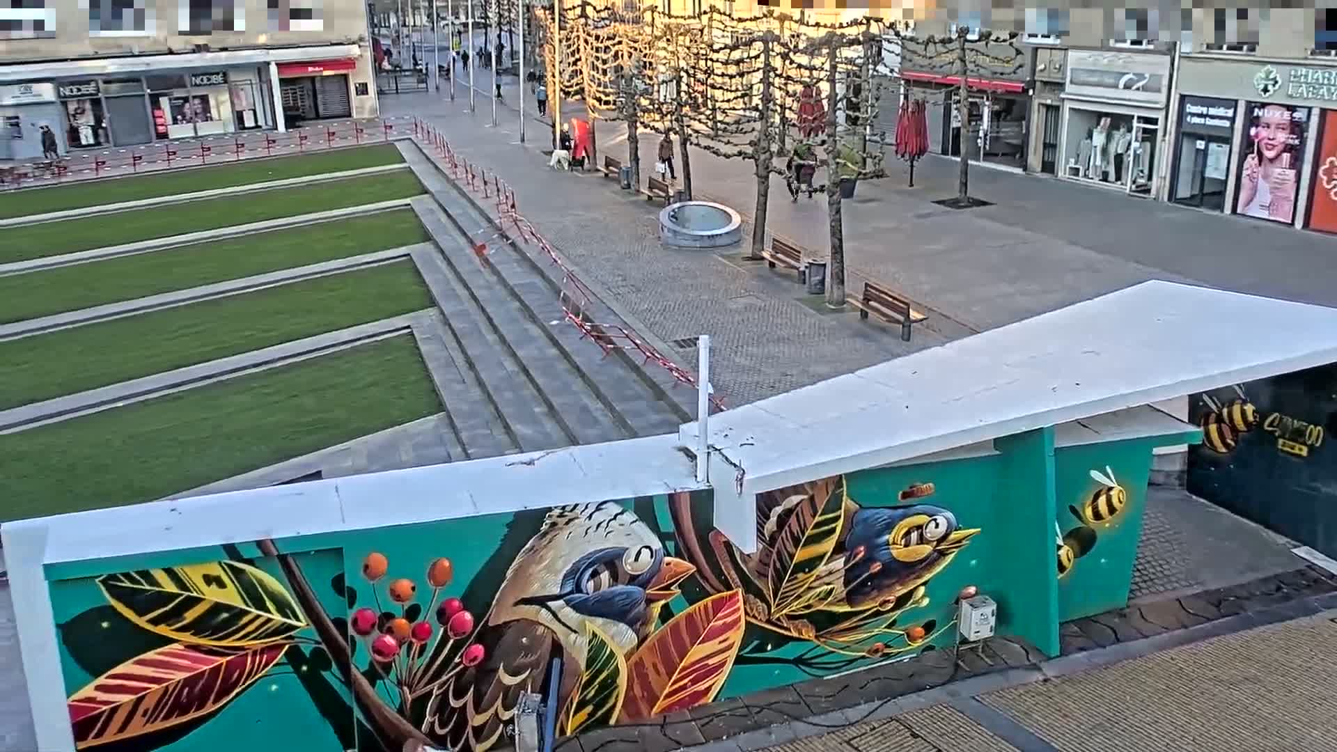 A mural depicting birds and bees on a teal background is visible on a building in a town square with neatly manicured grass and bare trees under a mostly clear sky.