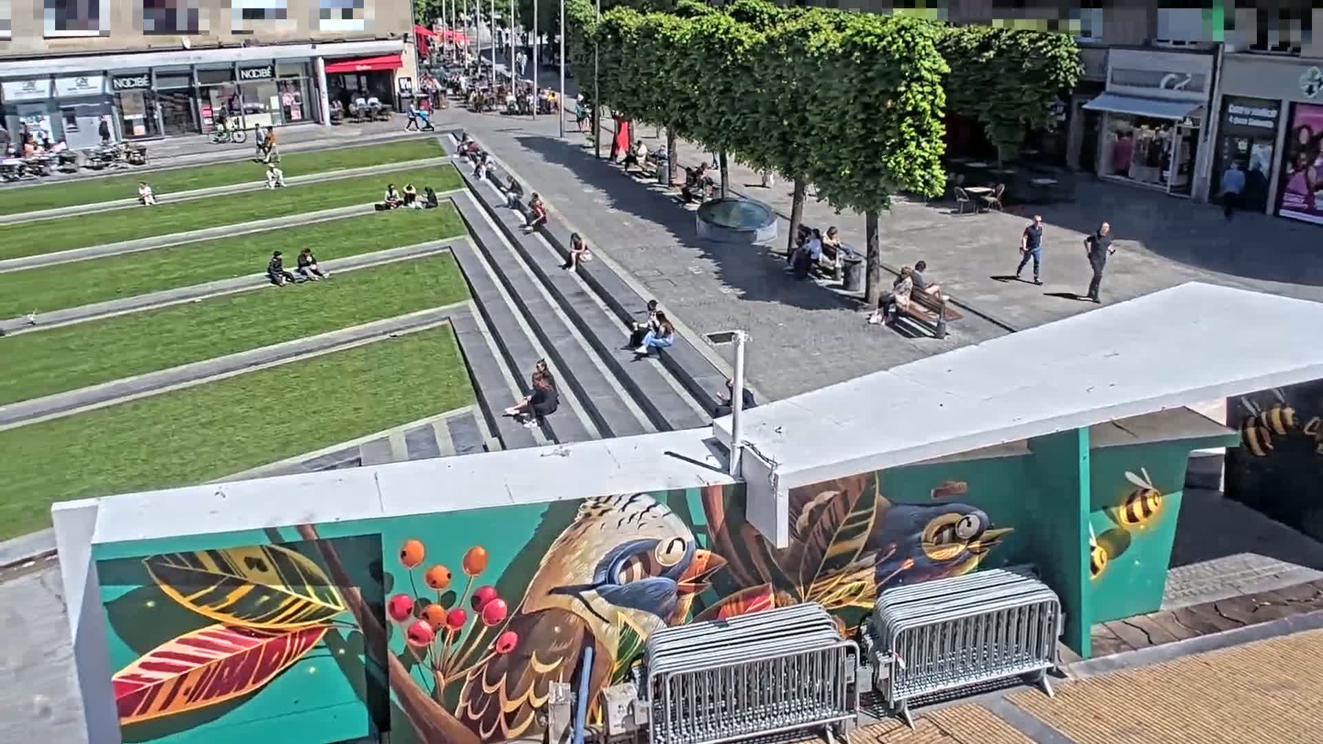 A sunny city square with tiered grassy areas where people are sitting, along with a mural depicting birds and bees on a structure nearby.