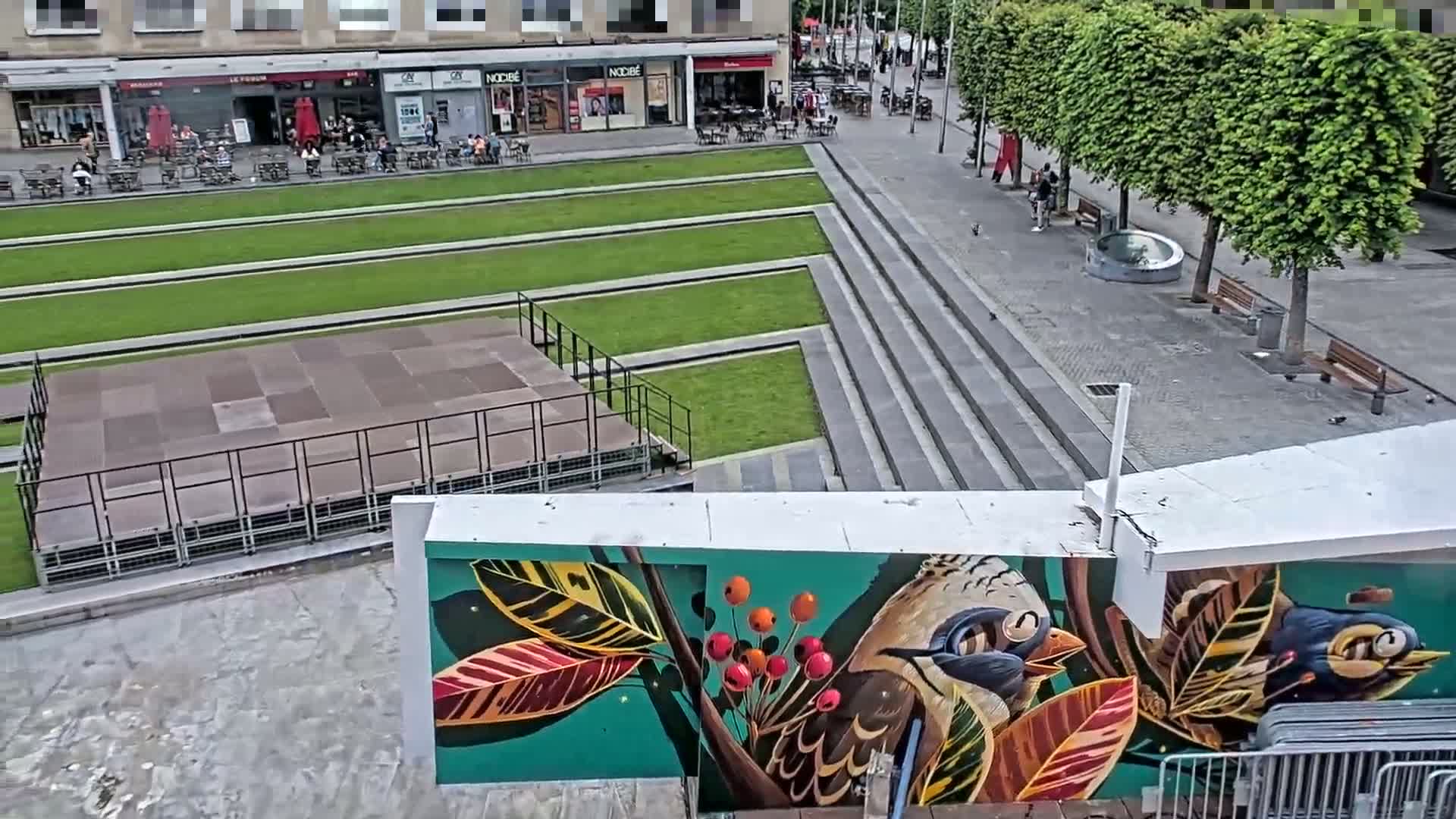 A city square with a grassy area, a stage, and a mural of birds on a wall.