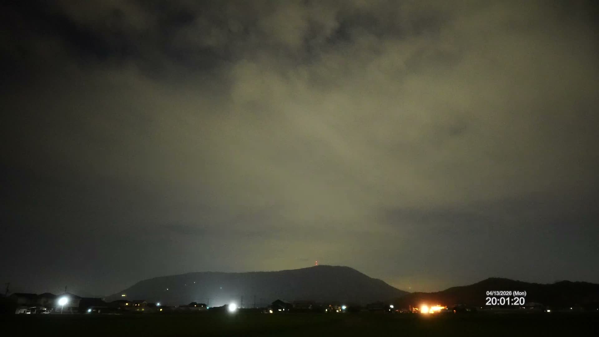 Under a mostly cloudy sky filled with heavy grey clouds and glimpses of blue, a rural landscape unfolds with agricultural fields, scattered houses, and a prominent dark mountain range on the horizon.