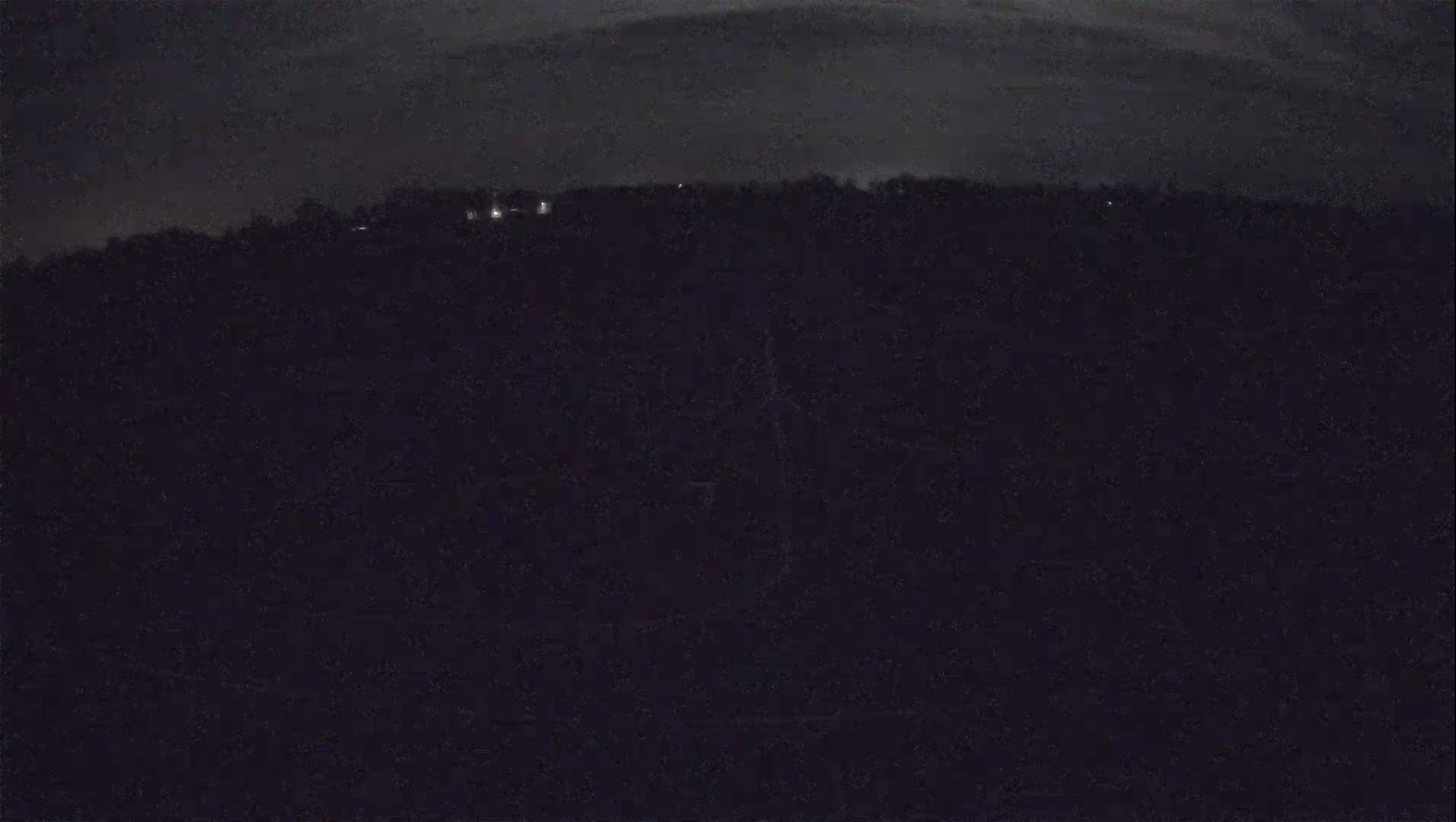 A dark, nighttime view of a distant treeline with a few faint lights visible in the distance under a cloudy sky.