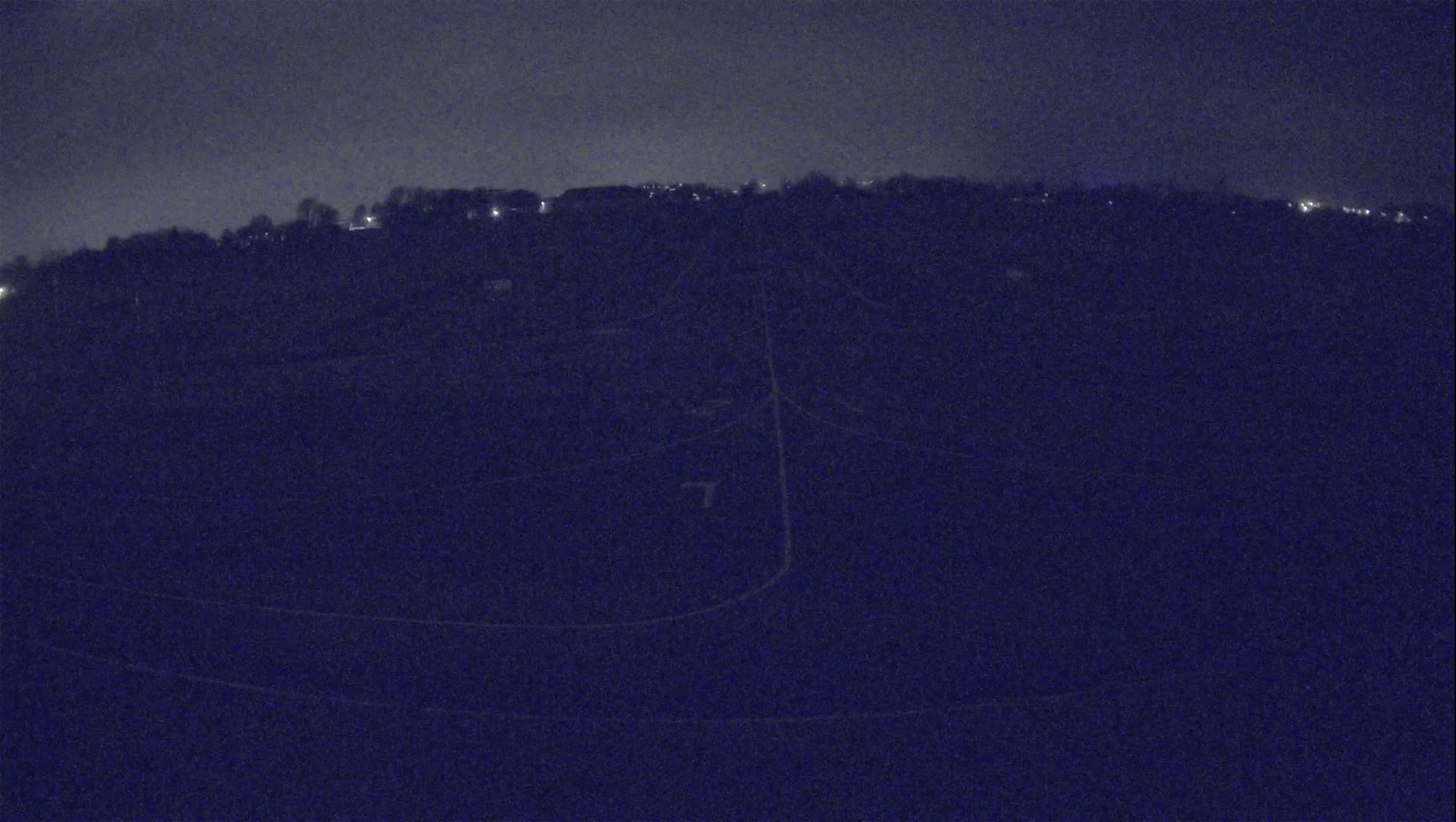 A dark, nighttime view of a landscape shows a distant line of trees and faint lights, with some faint lines possibly indicating roads or power lines in the foreground under a dark sky.