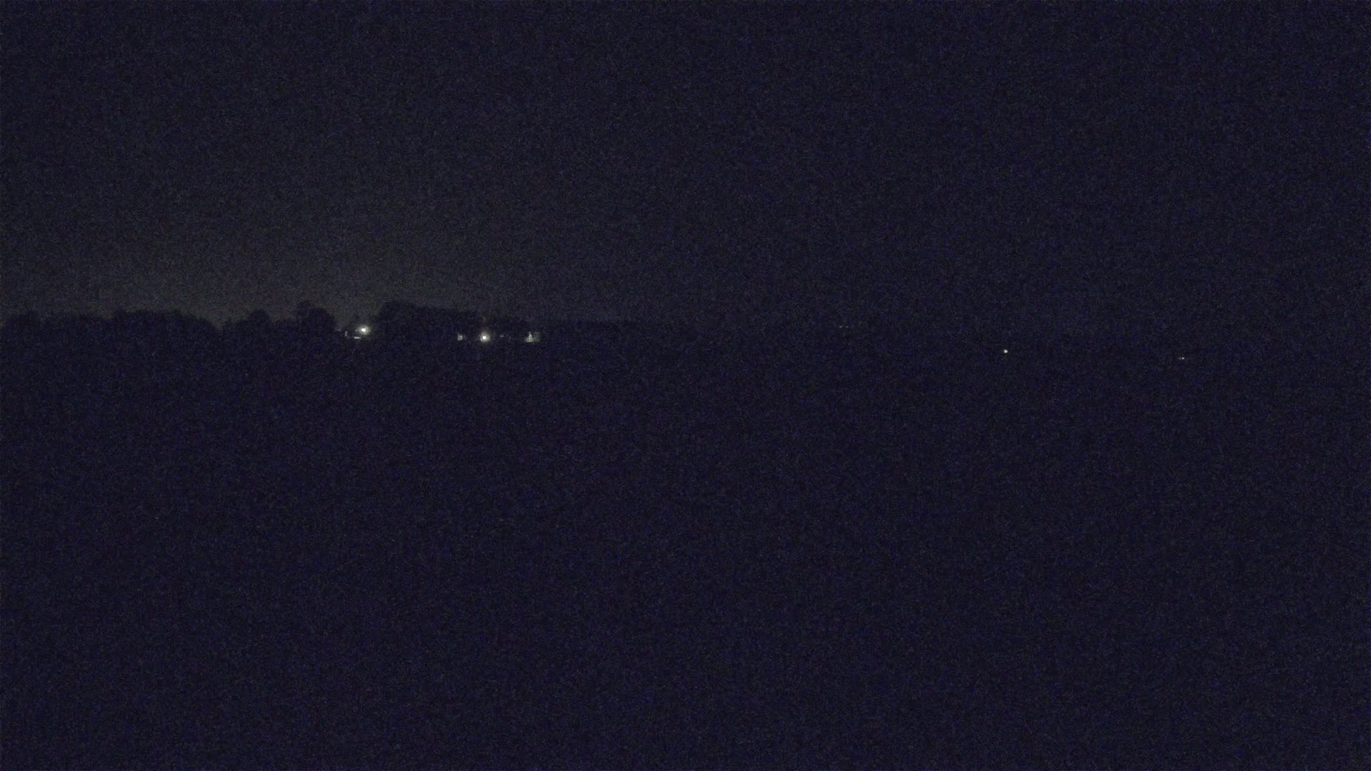 A dark, nighttime landscape shows a distant line of dimly lit structures behind a silhouetted treeline under a mostly clear sky.