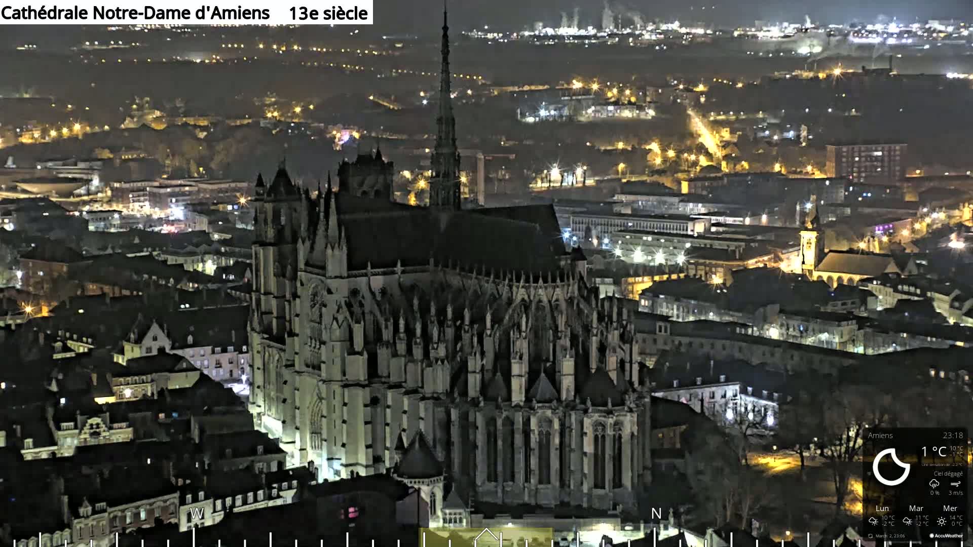 A large Gothic cathedral is illuminated at night, overlooking a city with many lights.