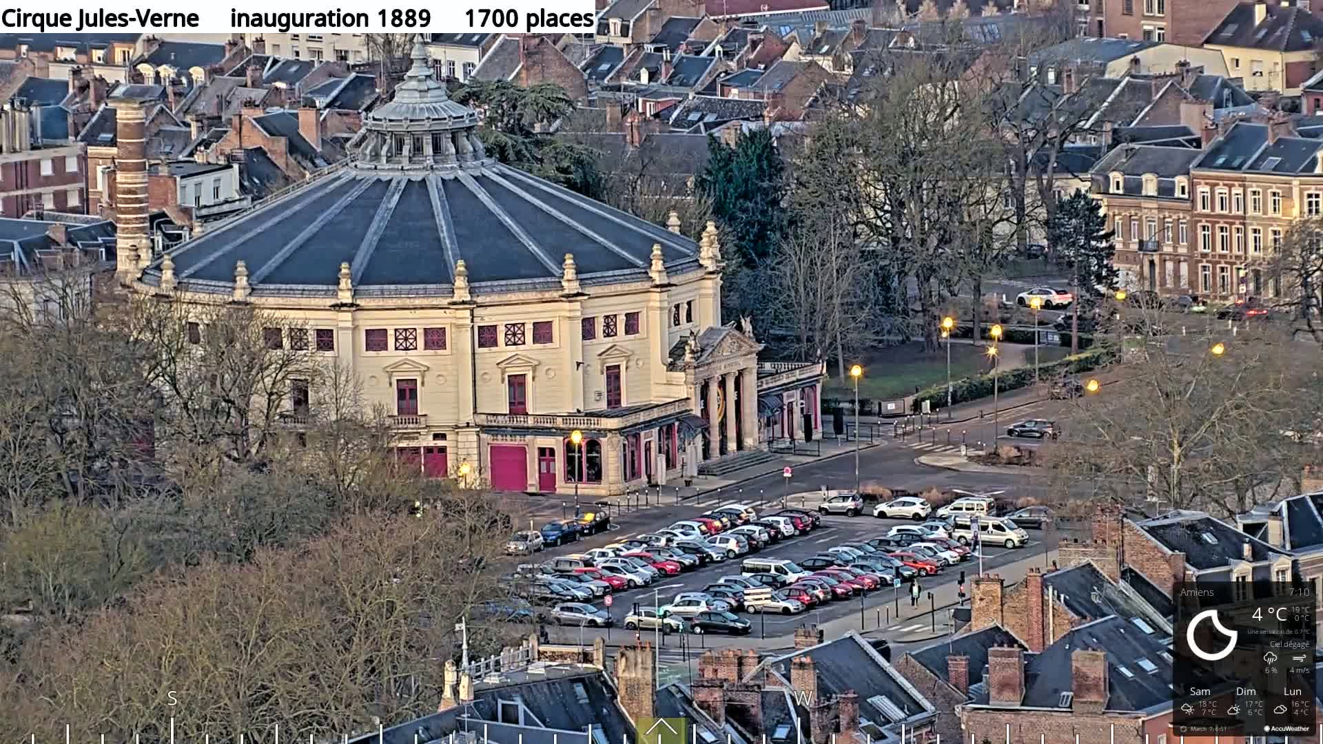 A large, round, light-colored building with a dark roof sits in a city surrounded by bare trees and a parking lot, under a clear sky on a 4°C day.