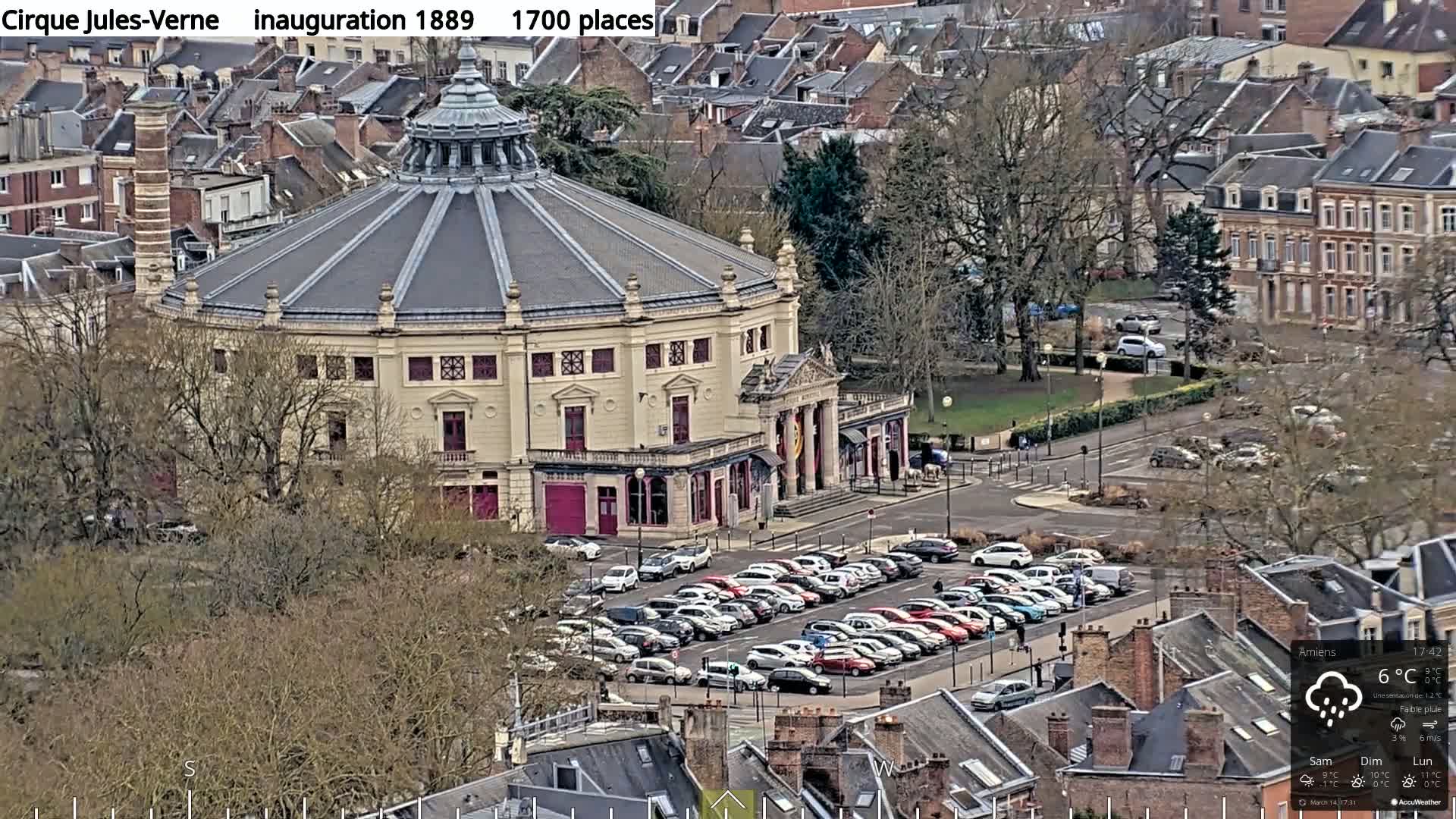 A large, round, light-colored building with a dome-shaped roof sits in a city, surrounded by trees, parked cars, and other buildings under a cloudy sky with light rain.