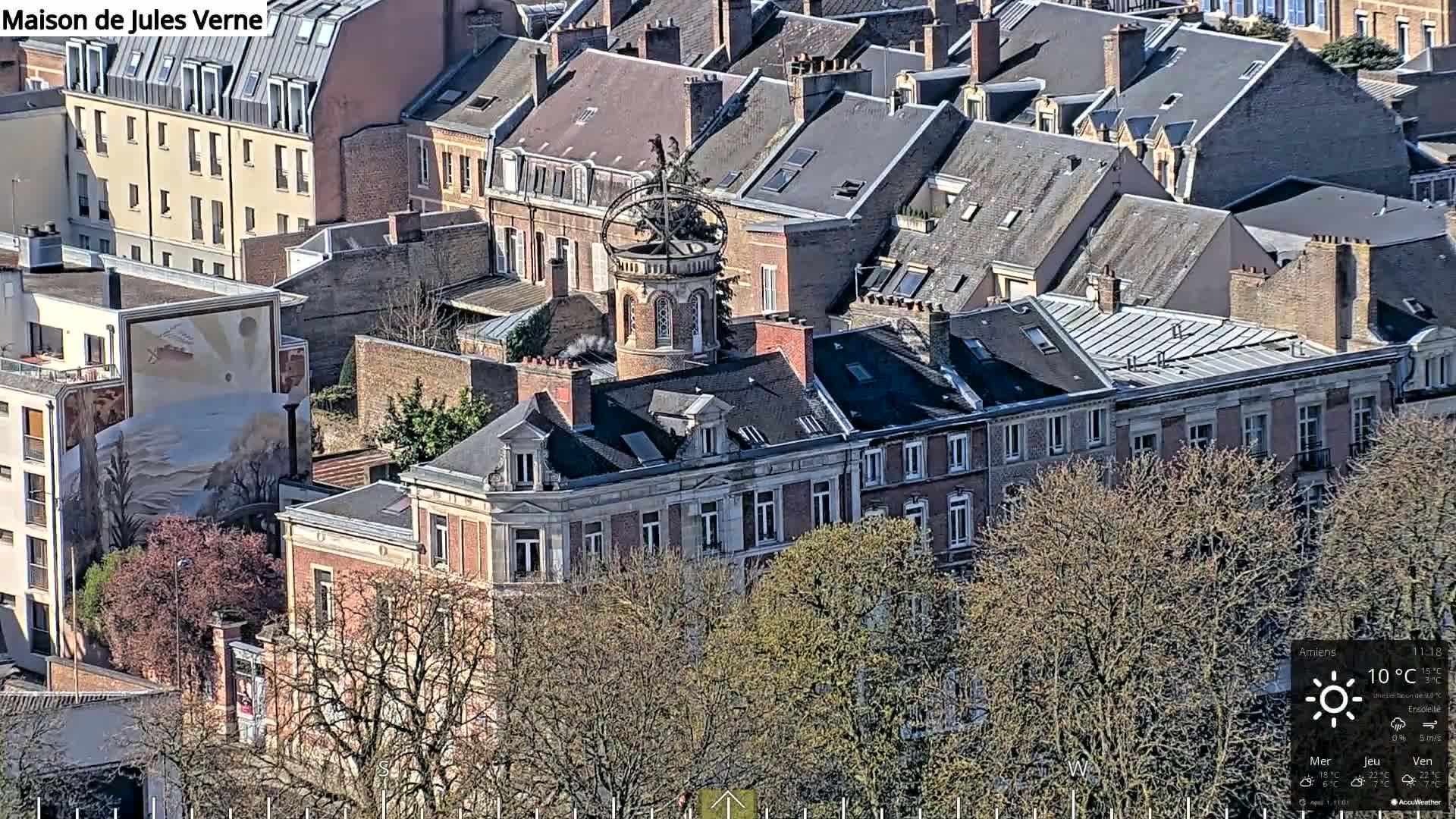 An aerial view of a city block with many brick buildings and leafy trees on a sunny day with a temperature of 10°C.