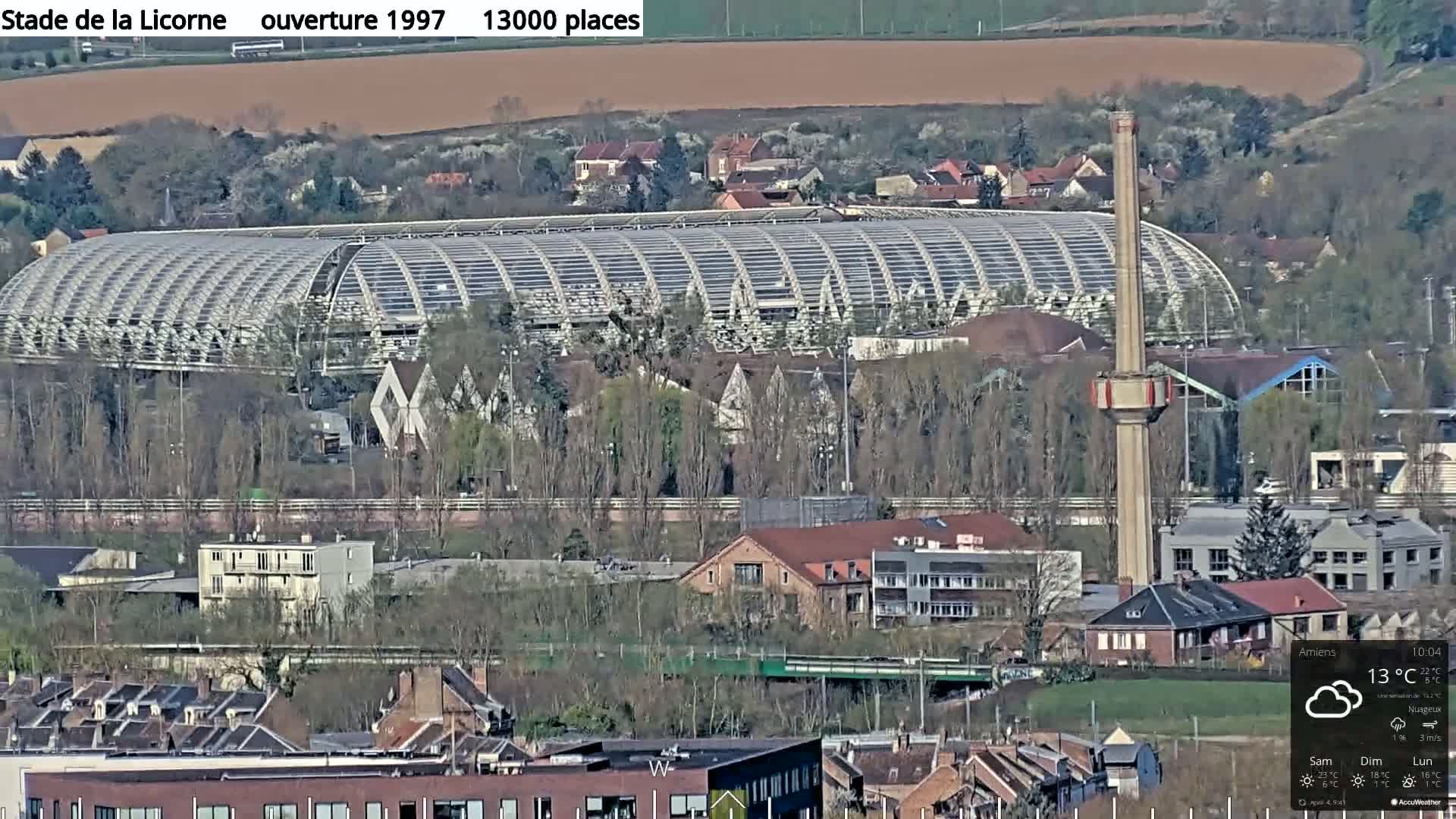 A large stadium with a translucent roof is visible in the distance, surrounded by a town under a partly cloudy sky.