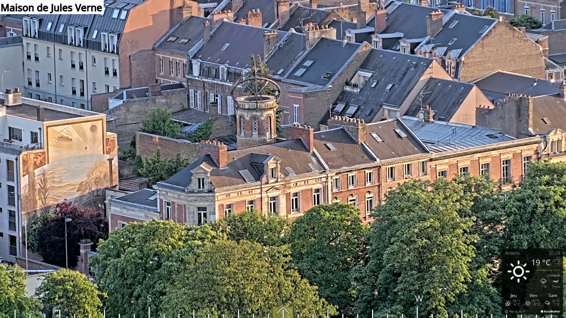 An aerial view of a city block with red brick buildings and green trees on a sunny day.