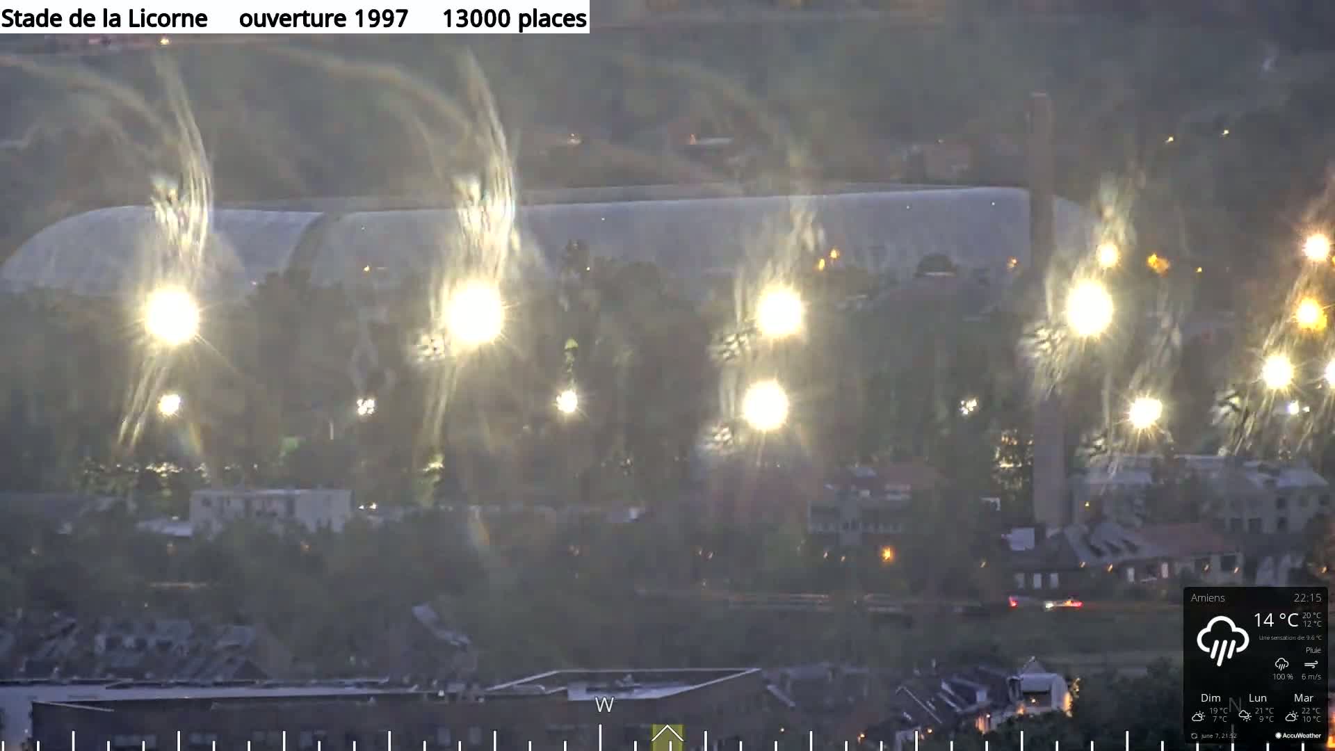 A nighttime long shot shows a large stadium lit by bright lights under rainy conditions.
