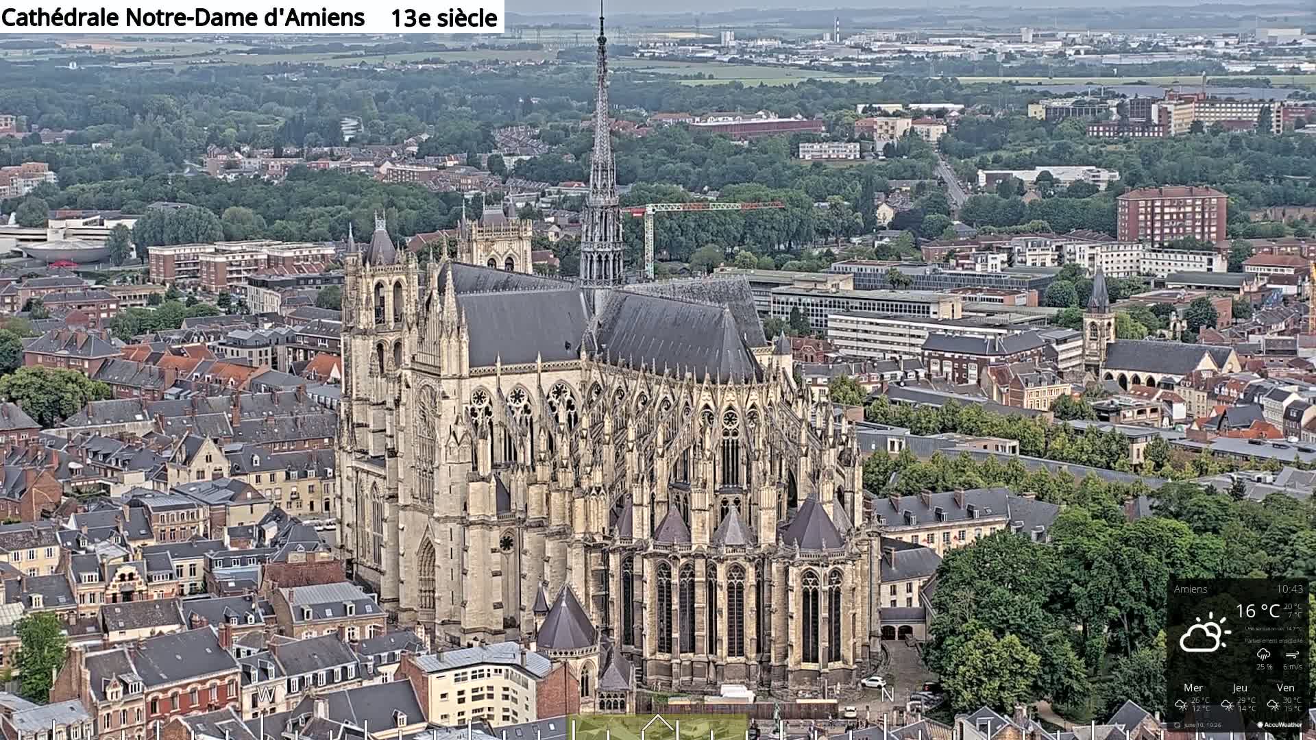 A large Gothic cathedral is situated in a city of densely packed buildings under partly sunny skies.
