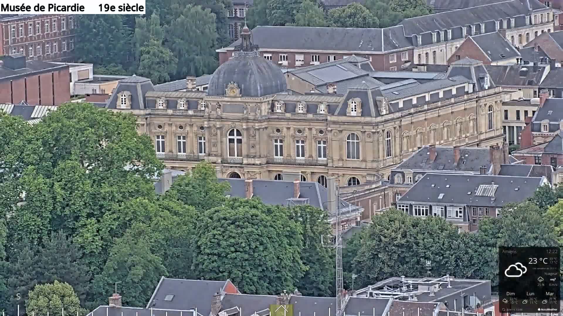 An elevated view shows a large, tan stone building with a dome, surrounded by other buildings and lush green trees under a partly cloudy sky.