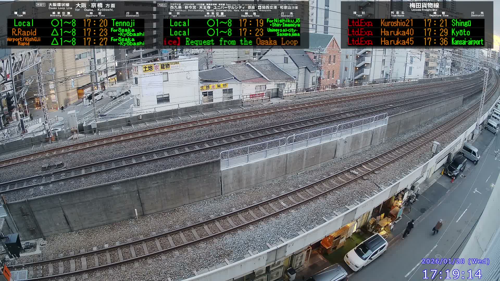 Osaka,  Fukushima, Osaka Loop Line JR Fukushima Station Railway & Amidaike-Suji Street ( 大阪、福島、大阪環状線 JR福島駅 鉄道＆阿弥陀池筋 ) Live Cam - 8 Chome, Fukushima, Fukushima Ward, Osaka, Kansai, Honshu, Japan 