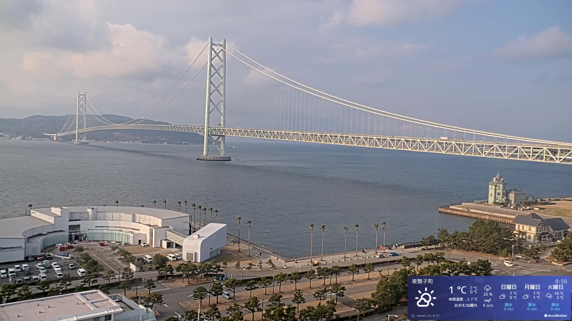 Kobe, Akashi Kaikyo Bridge with Akashi Strait & Seto Inland Sea View ( 神戸、明石海峡と瀬戸内海を望む明石海峡大橋 )Live Cam - 7 Chome, Higashimaikocho, Tarimu-ku, Kobe, Hyogo, Kansai, Japan