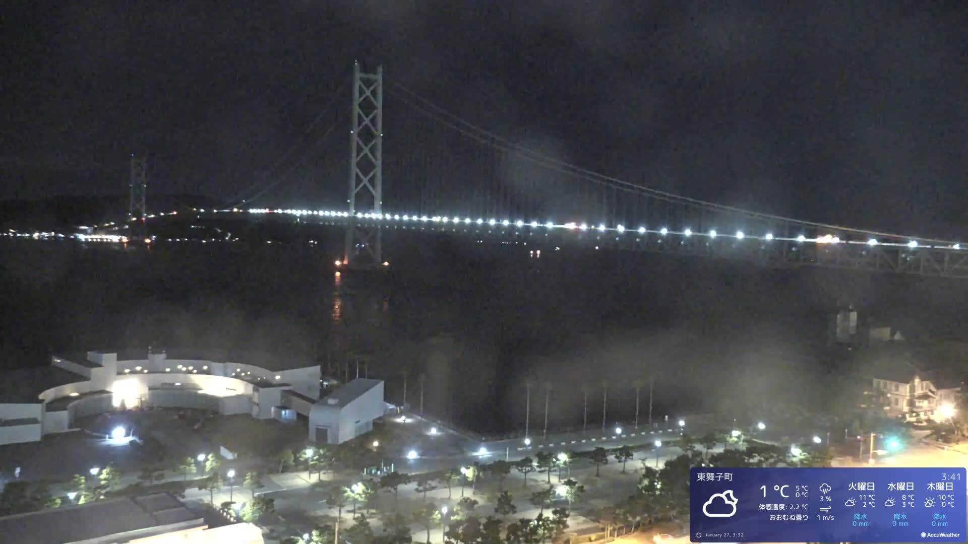 Kobe, Akashi Kaikyo Bridge with Akashi Strait & Seto Inland Sea View ( 神戸、明石海峡と瀬戸内海を望む明石海峡大橋 )Live Cam - 7 Chome, Higashimaikocho, Tarimu-ku, Kobe, Hyogo, Kansai, Japan