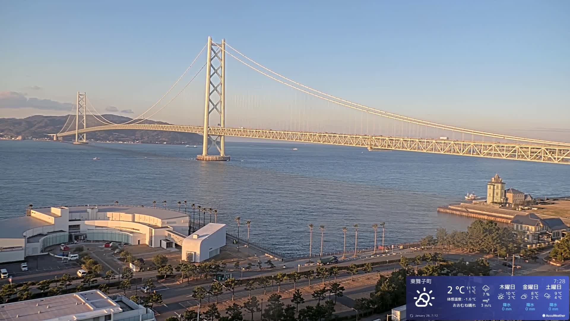 Kobe, Akashi Kaikyo Bridge with Akashi Strait & Seto Inland Sea View ( 神戸、明石海峡と瀬戸内海を望む明石海峡大橋 )Live Cam - 7 Chome, Higashimaikocho, Tarimu-ku, Kobe, Hyogo, Kansai, Japan