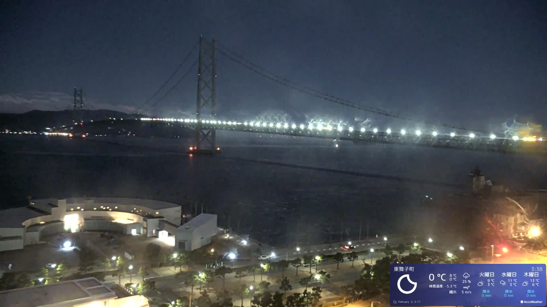 Kobe, Akashi Kaikyo Bridge with Akashi Strait & Seto Inland Sea View ( 神戸、明石海峡と瀬戸内海を望む明石海峡大橋 )Live Cam - 7 Chome, Higashimaikocho, Tarimu-ku, Kobe, Hyogo, Kansai, Japan